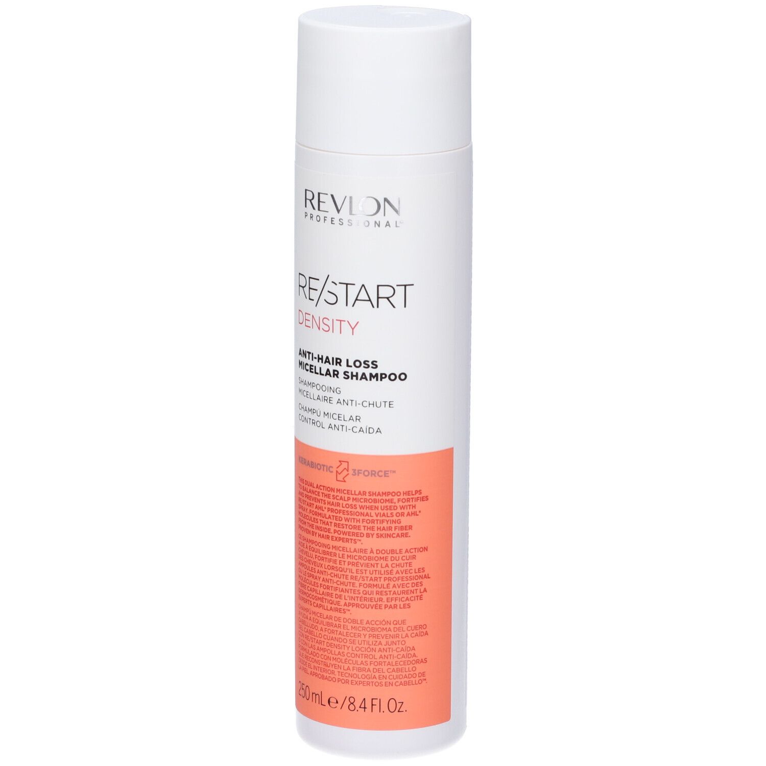 Flacone bianco-rosa di shampoo. Testo: Revlon, Re/Start Density, Shampoo Micellare Anti-Caduta. 250ml/8.4 fl oz.