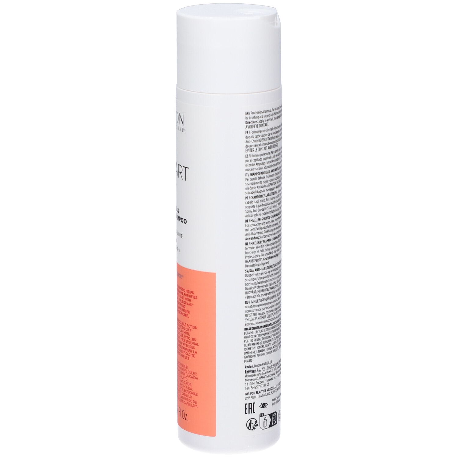 Flacone di shampoo bianco-rosa. Testo: Revlon, Re/Start Density, Shampoo Micellare Anti-Caduta. Retro con testo.