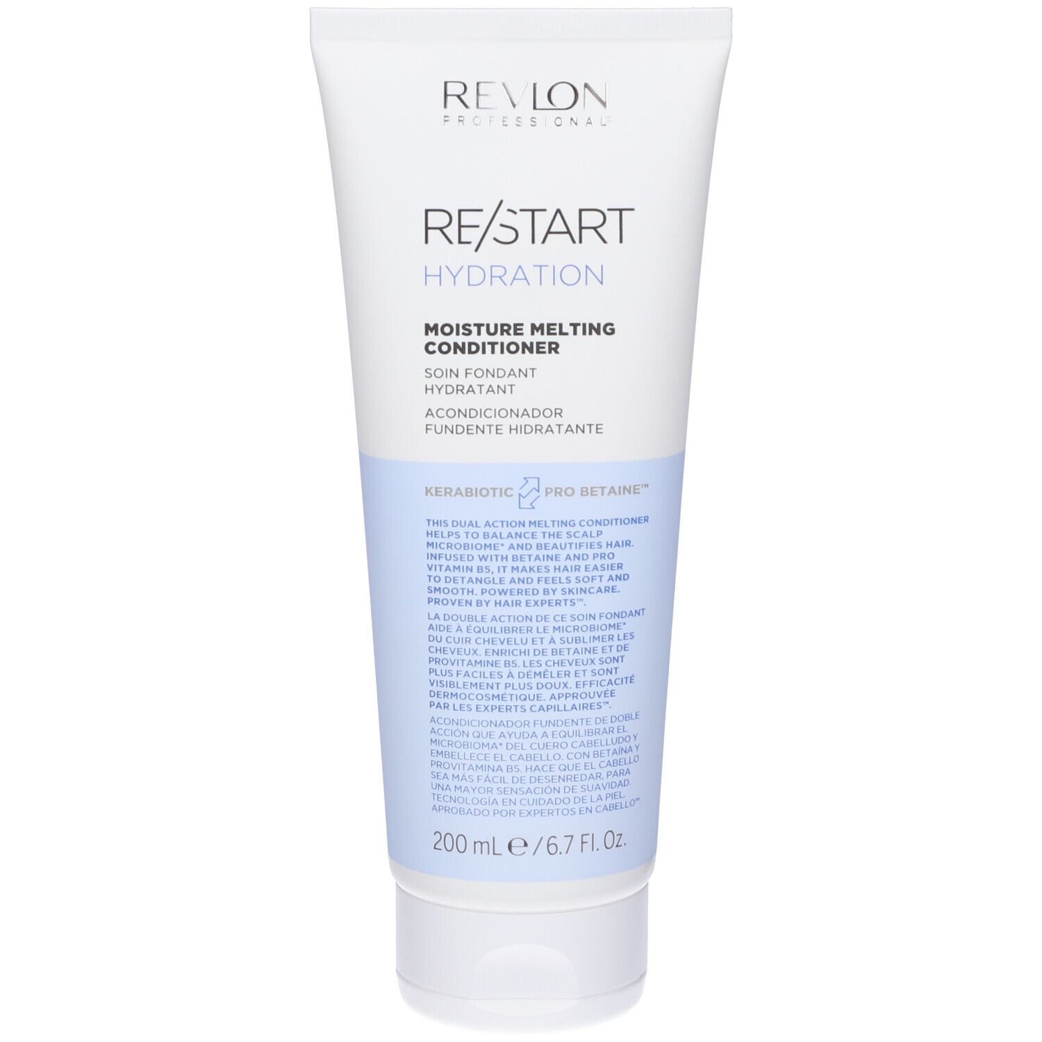 Tubo bianco-blu con informazioni sul prodotto. Scritta: Revlon, Re/Start Hydration, Moisture Melting Conditioner. 200 ml.