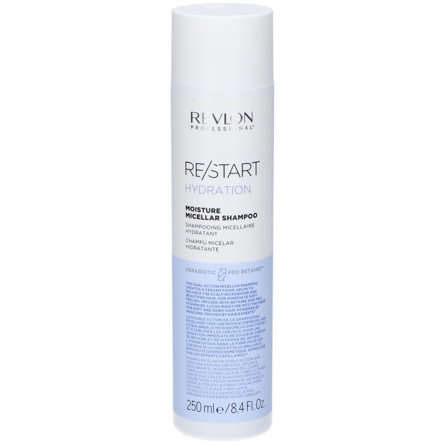 Flacone di shampoo bianco e blu. Scritta: REVLON PROFESSIONAL, RE/START Hydration, Moisture Micellar Shampoo. 250 ml.