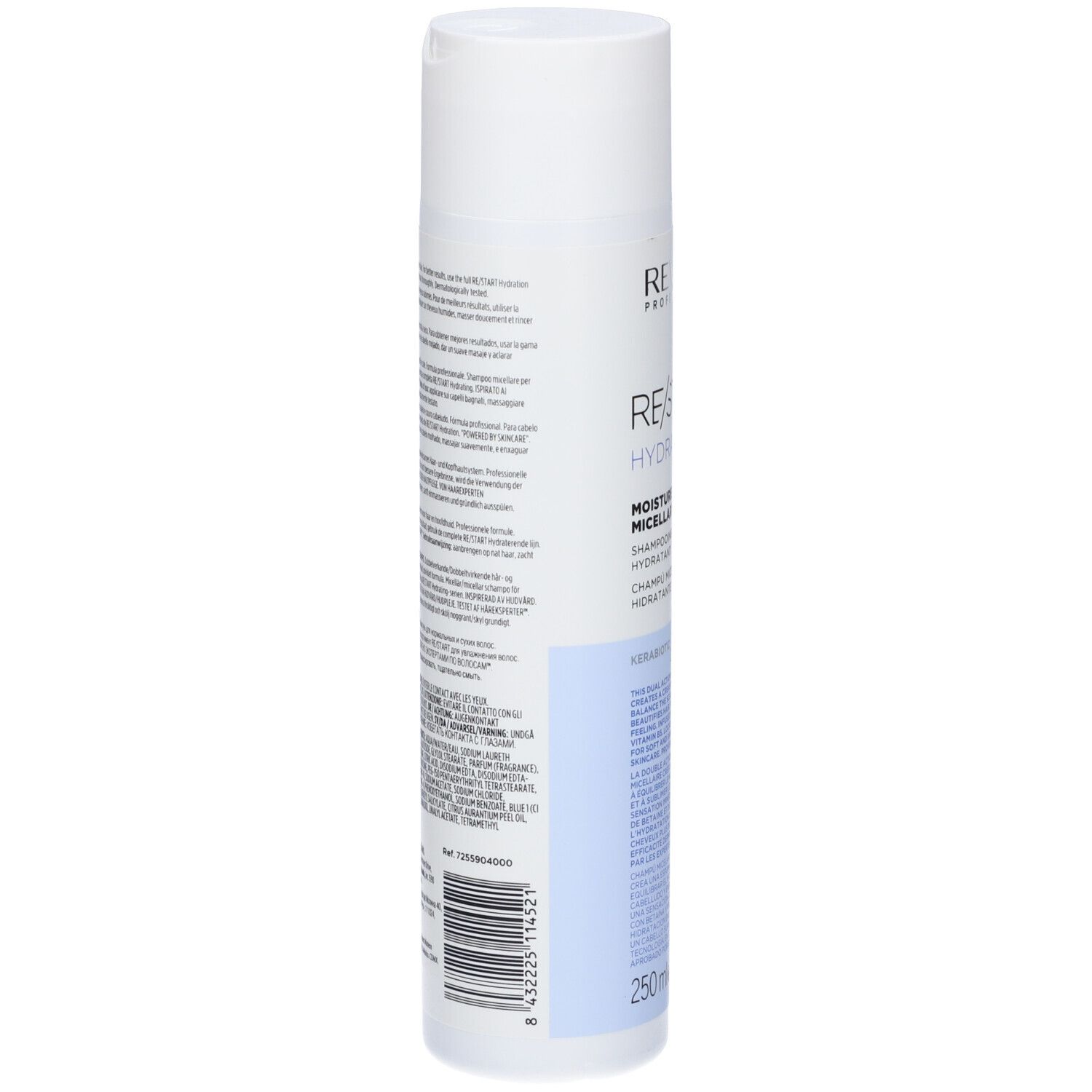 Retro del flacone di shampoo bianco. Testo in più lingue. 250 ml. Codice a barre e numero di riferimento.