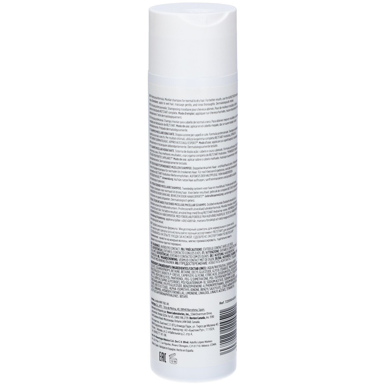 Retro del flacone di shampoo bianco. Testo in più lingue. Codice a barre e numero di riferimento.