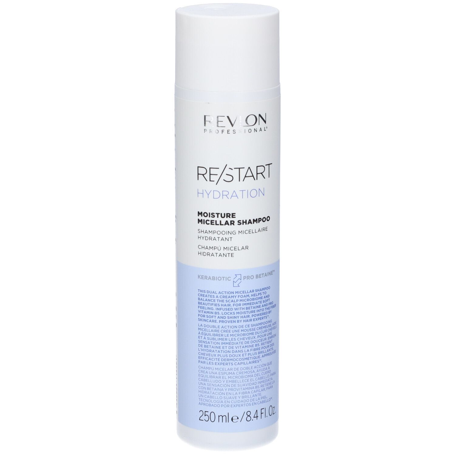 Flacone di shampoo bianco e blu. Scritta: REVLON PROFESSIONAL, RE/START Hydration, Moisture Micellar Shampoo. 250 ml.