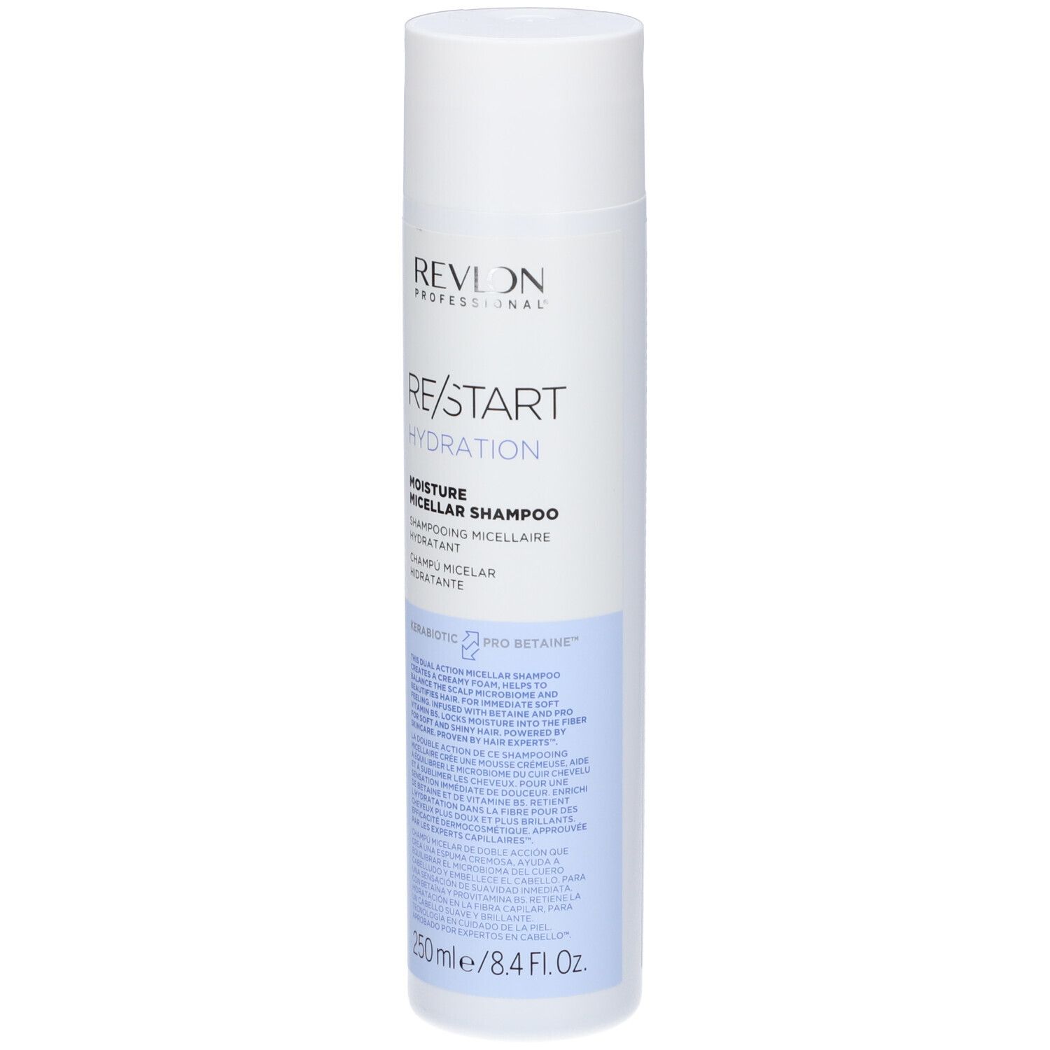 Flacone di shampoo bianco e blu. Scritta: REVLON PROFESSIONAL, RE/START Hydration, Moisture Micellar Shampoo. 250 ml.