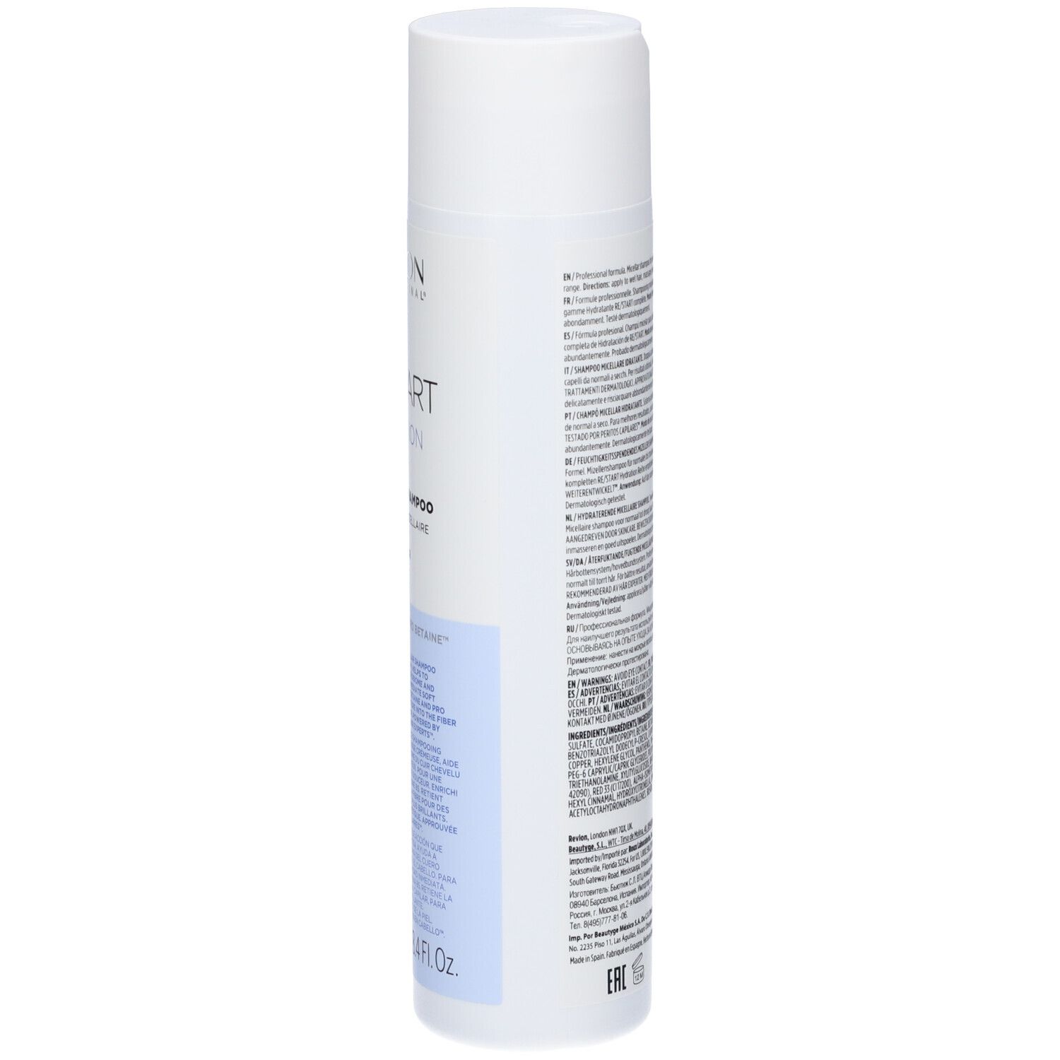 Retro del flacone di shampoo bianco. Testo in più lingue. 250 ml.