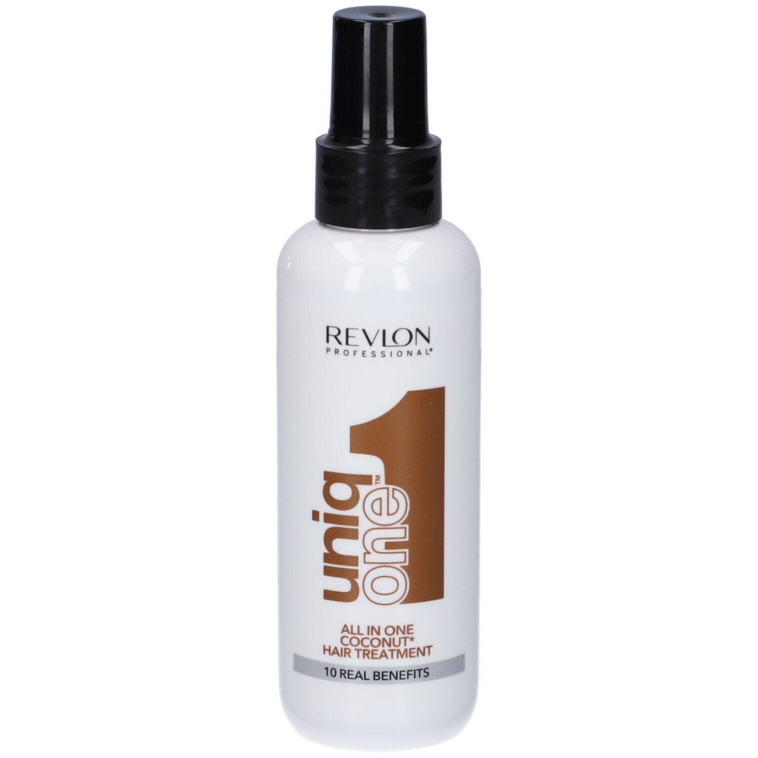 Spray per trattamento capelli. Flacone bianco con erogatore nero. Scritta: Revlon, Uniq One, Coconut Hair Treatment.