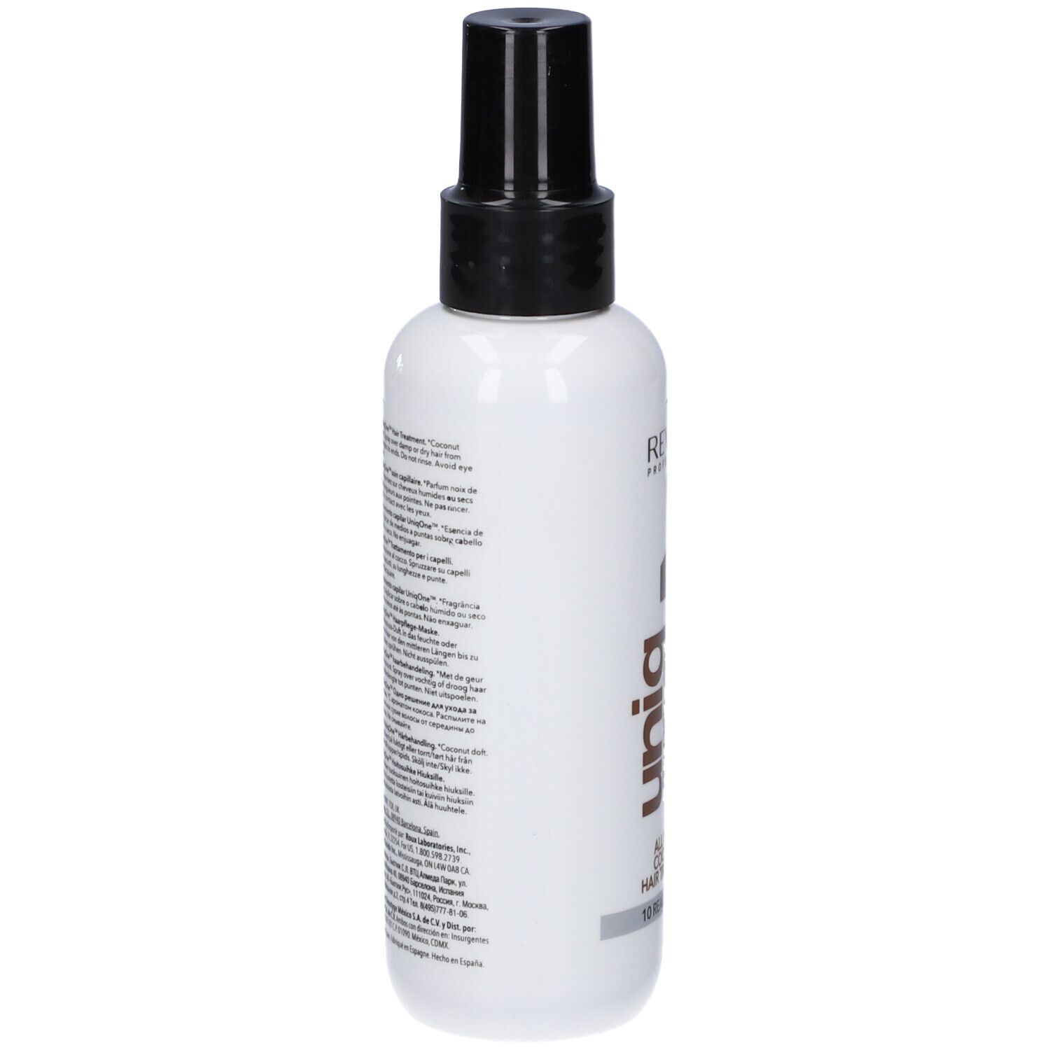 Spray per trattamento capelli. Flacone bianco con erogatore nero. Retro con testo e ingredienti.