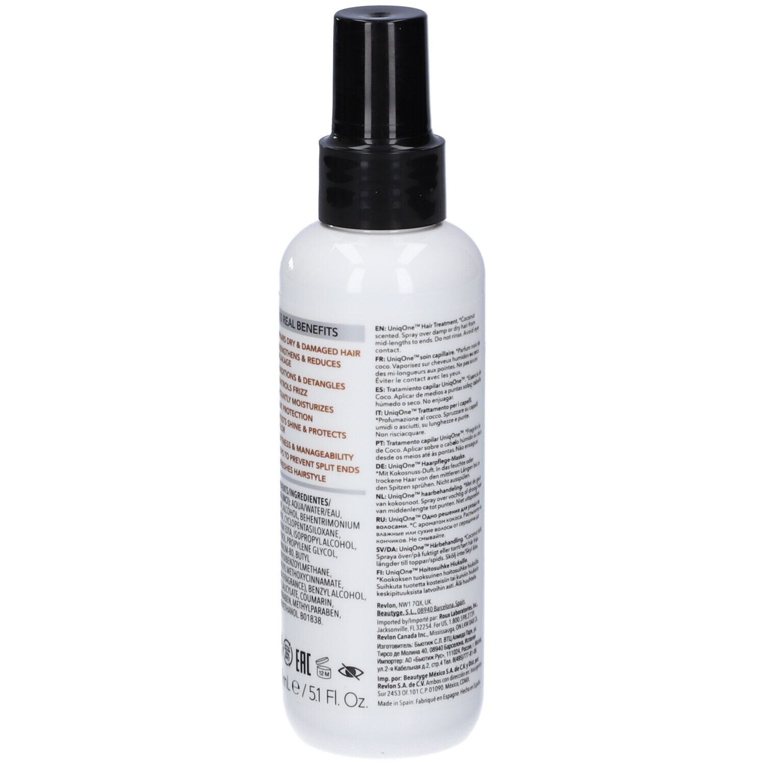 Spray per trattamento capelli. Flacone bianco con erogatore nero. Retro con testo e ingredienti.
