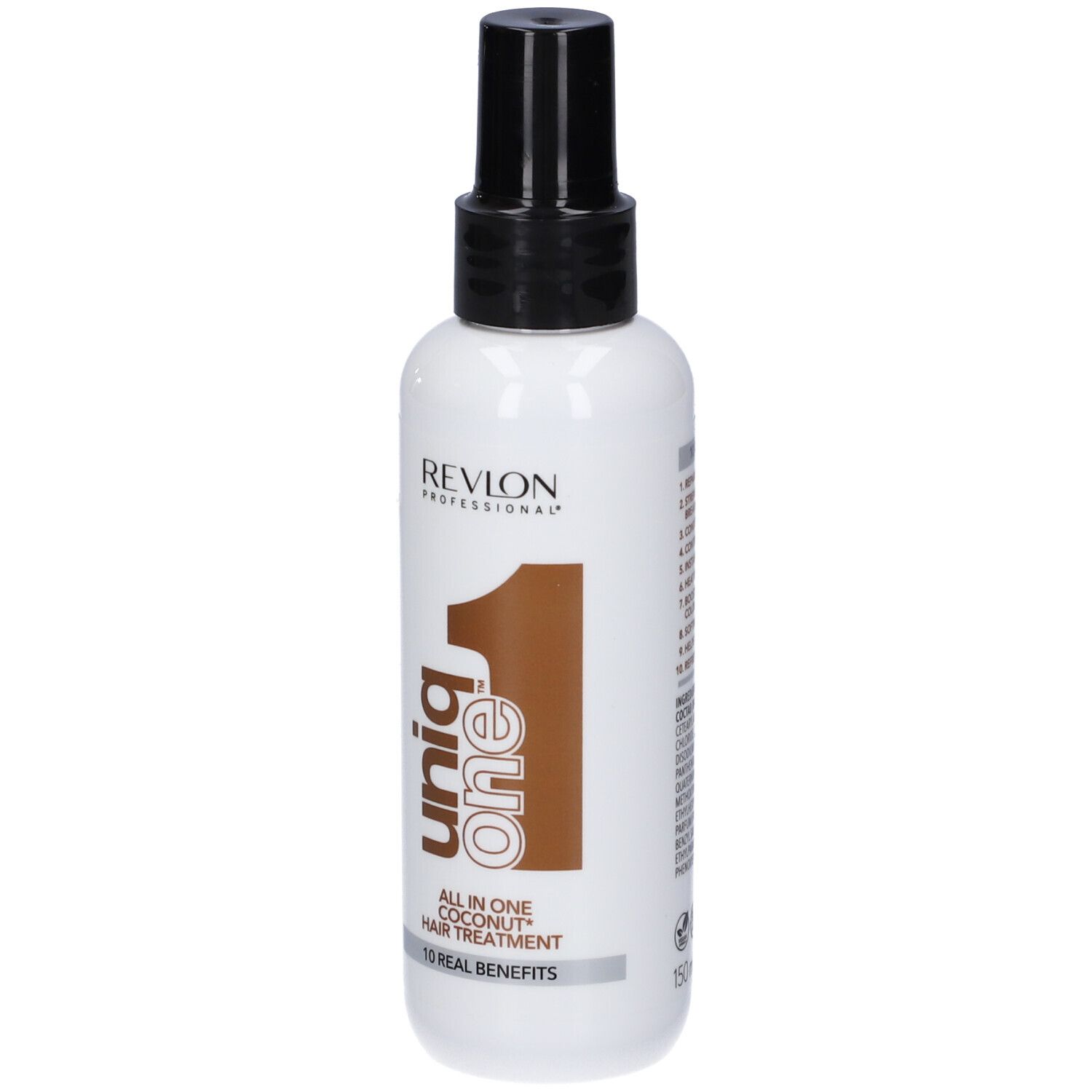 Spray per trattamento capelli. Flacone bianco con erogatore nero. Scritta: Revlon, Uniq One, Coconut Hair Treatment.