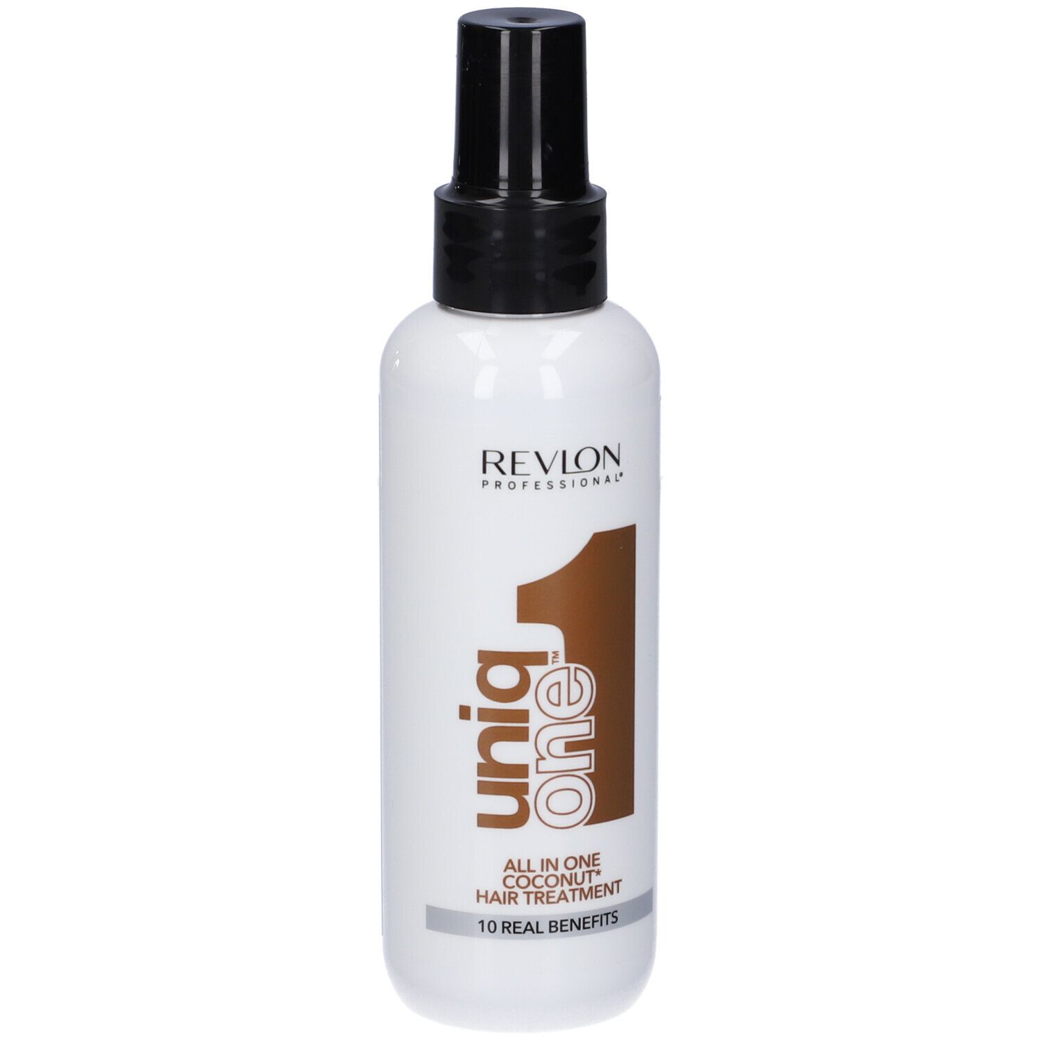 Spray per trattamento capelli. Flacone bianco con erogatore nero. Scritta: Revlon, Uniq One, Coconut Hair Treatment.