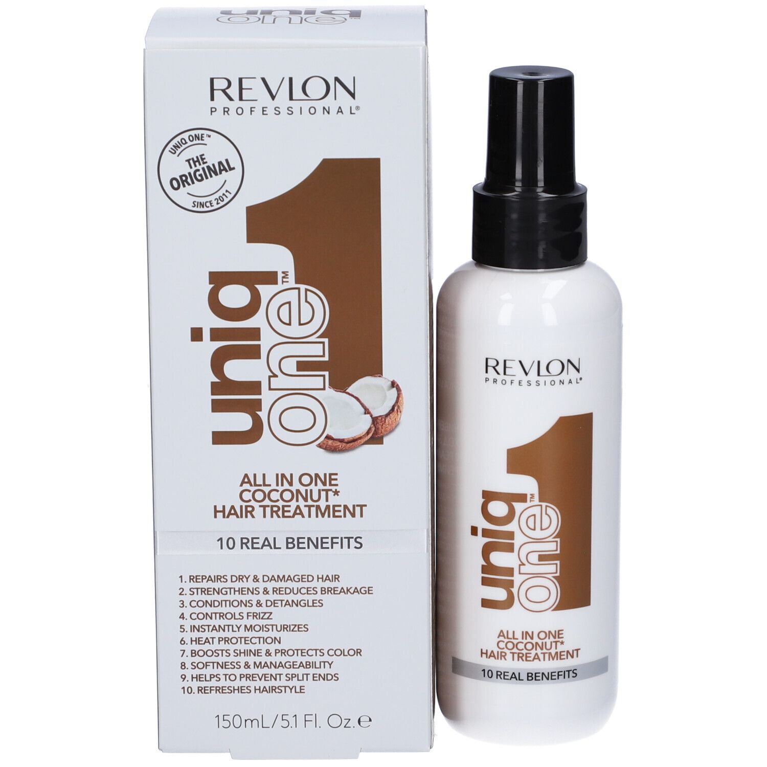 Spray per trattamento capelli e confezione. Flacone bianco e scatola. Scritta: Revlon, Uniq One, Coconut Hair Treatment.