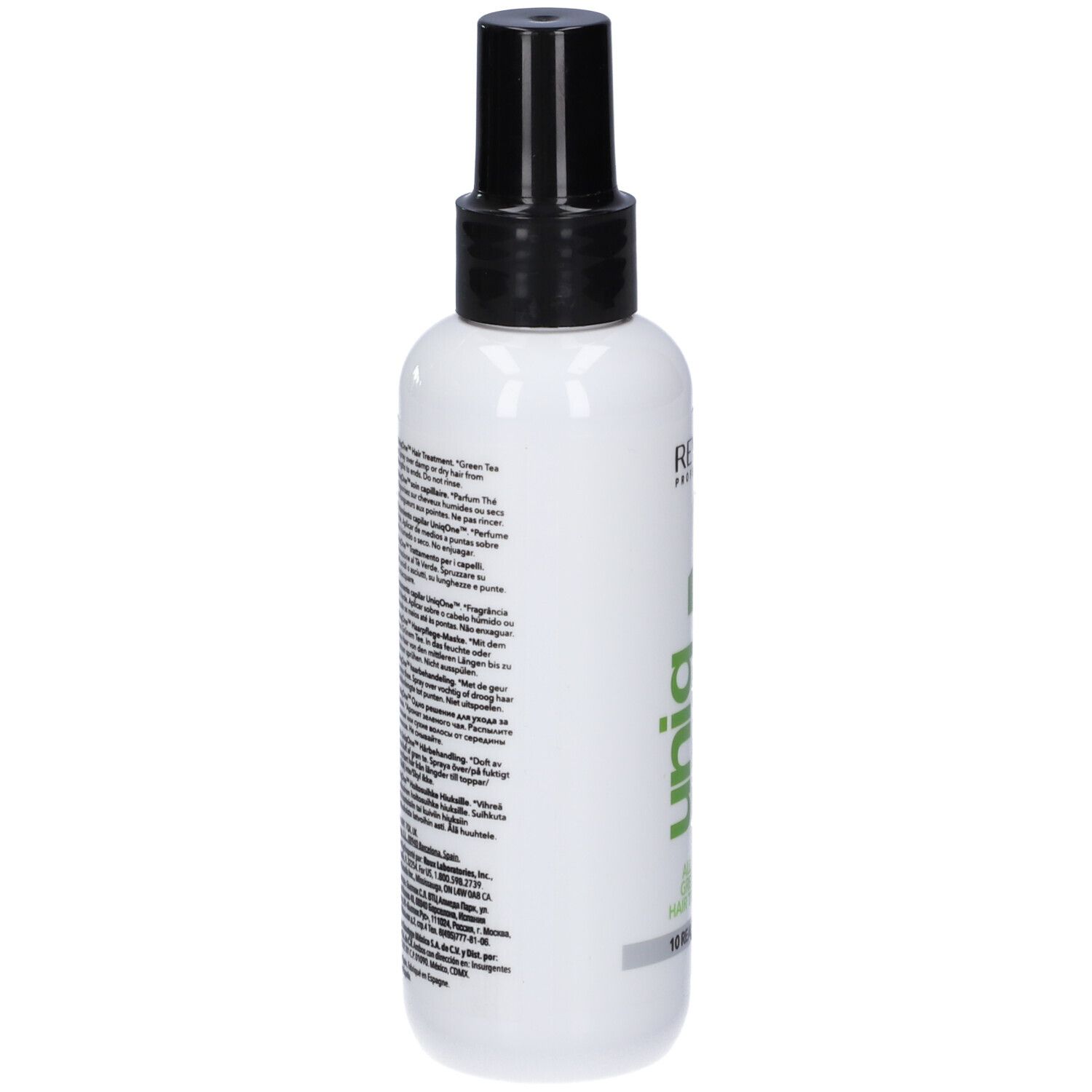 Spray per capelli bianco con erogatore nero. Retro con testo. Revlon Professional. Uniq One.