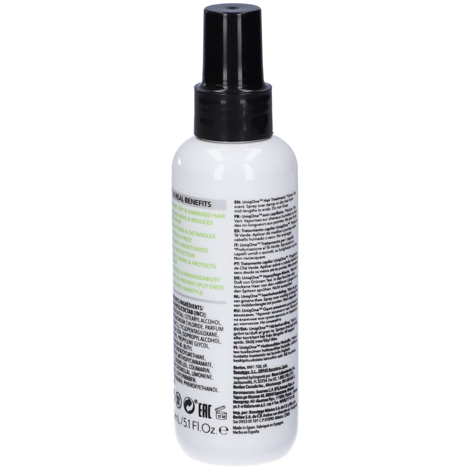 Spray per capelli bianco con erogatore nero. Retro con testo e ingredienti. Revlon Professional. Uniq One.