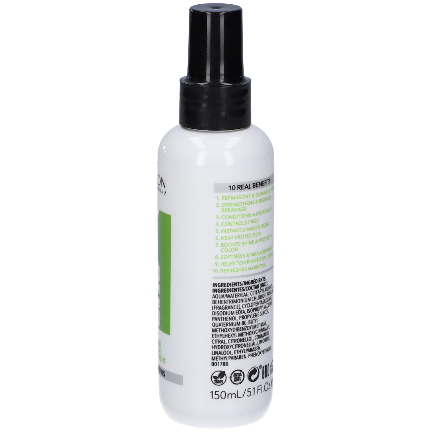 Spray per capelli bianco con erogatore nero. Retro con testo e ingredienti. Revlon Professional. Uniq One.