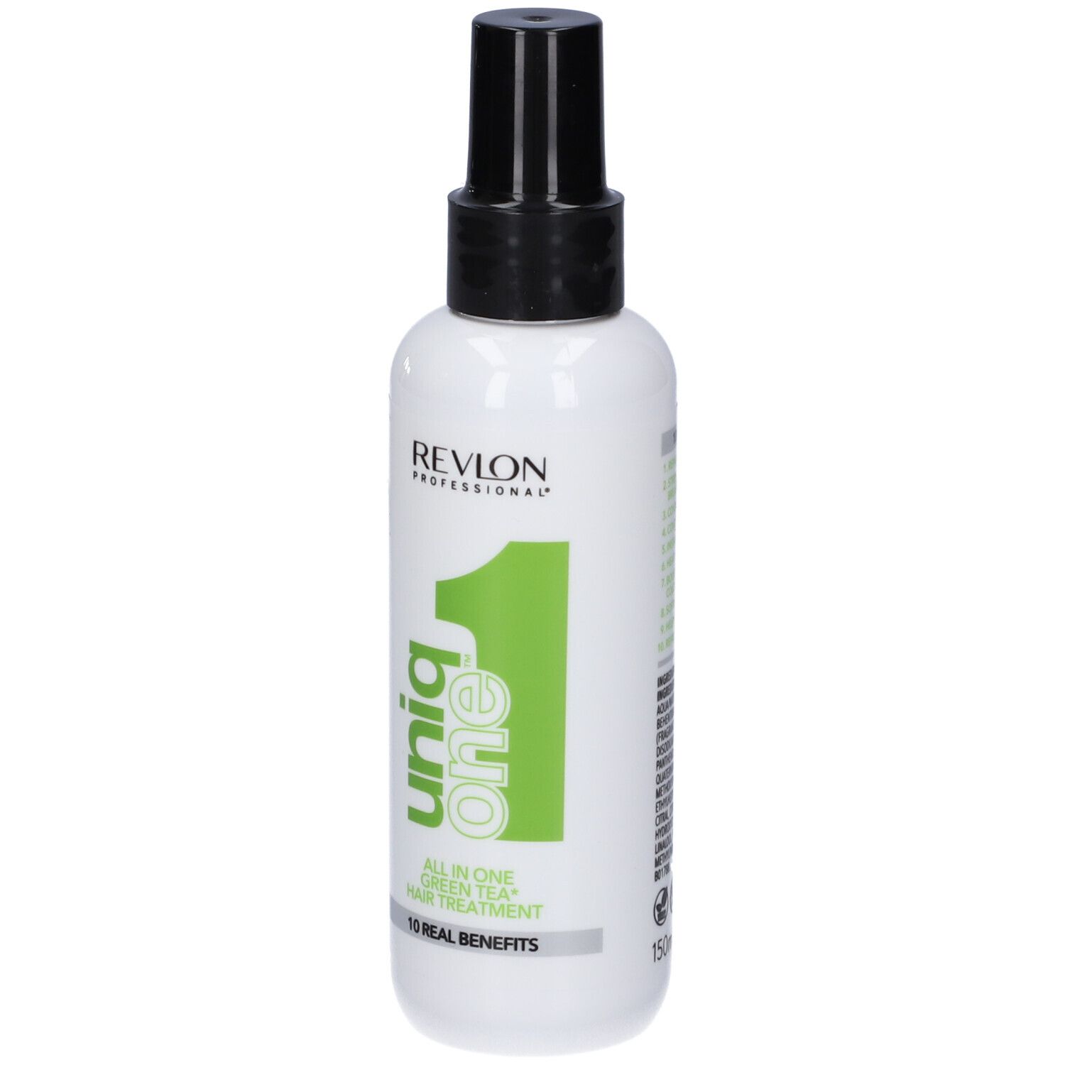 Spray per capelli bianco con erogatore nero. Scritta: Uniq One, All in One Green Tea Hair Treatment. Revlon Professional.