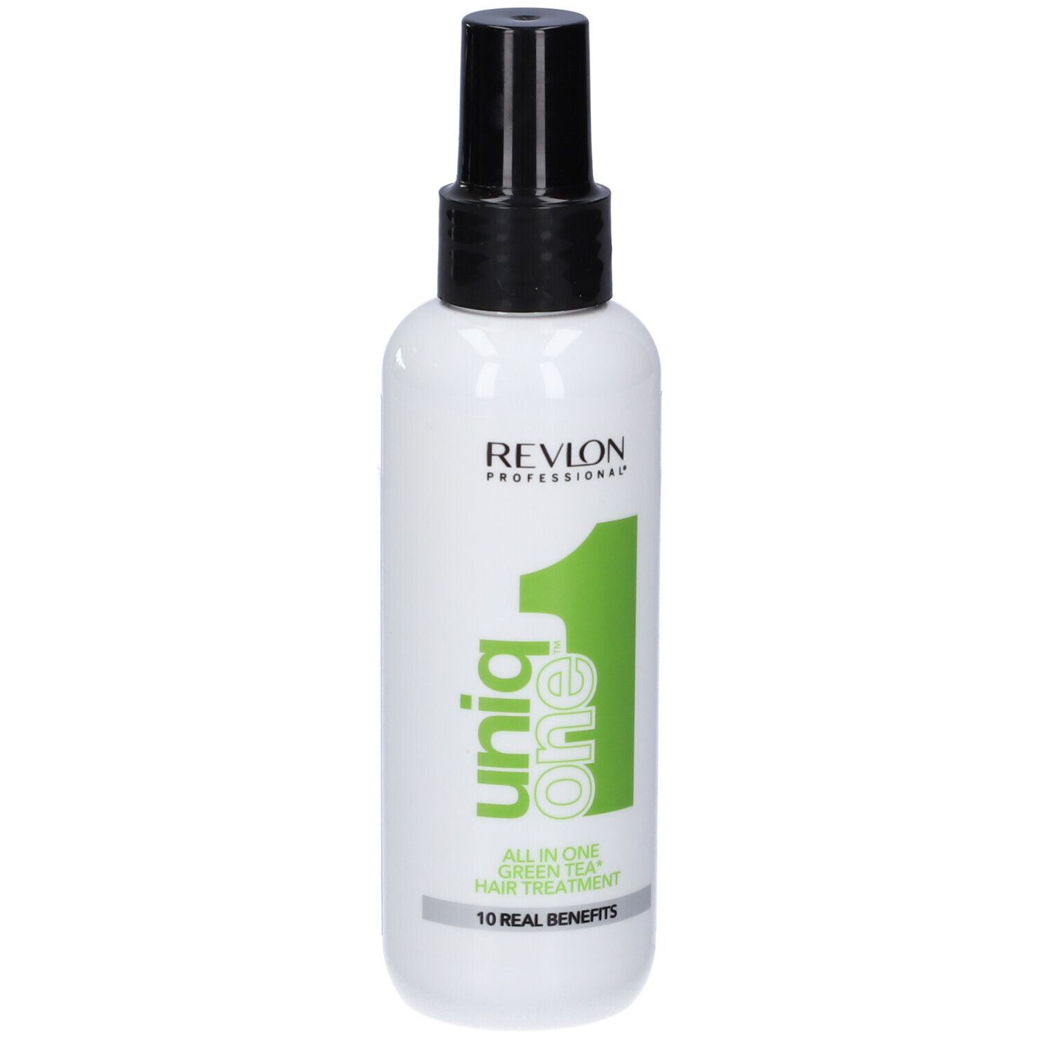 Spray per capelli bianco con erogatore nero. Scritta: Uniq One, All in One Green Tea Hair Treatment. Revlon Professional.