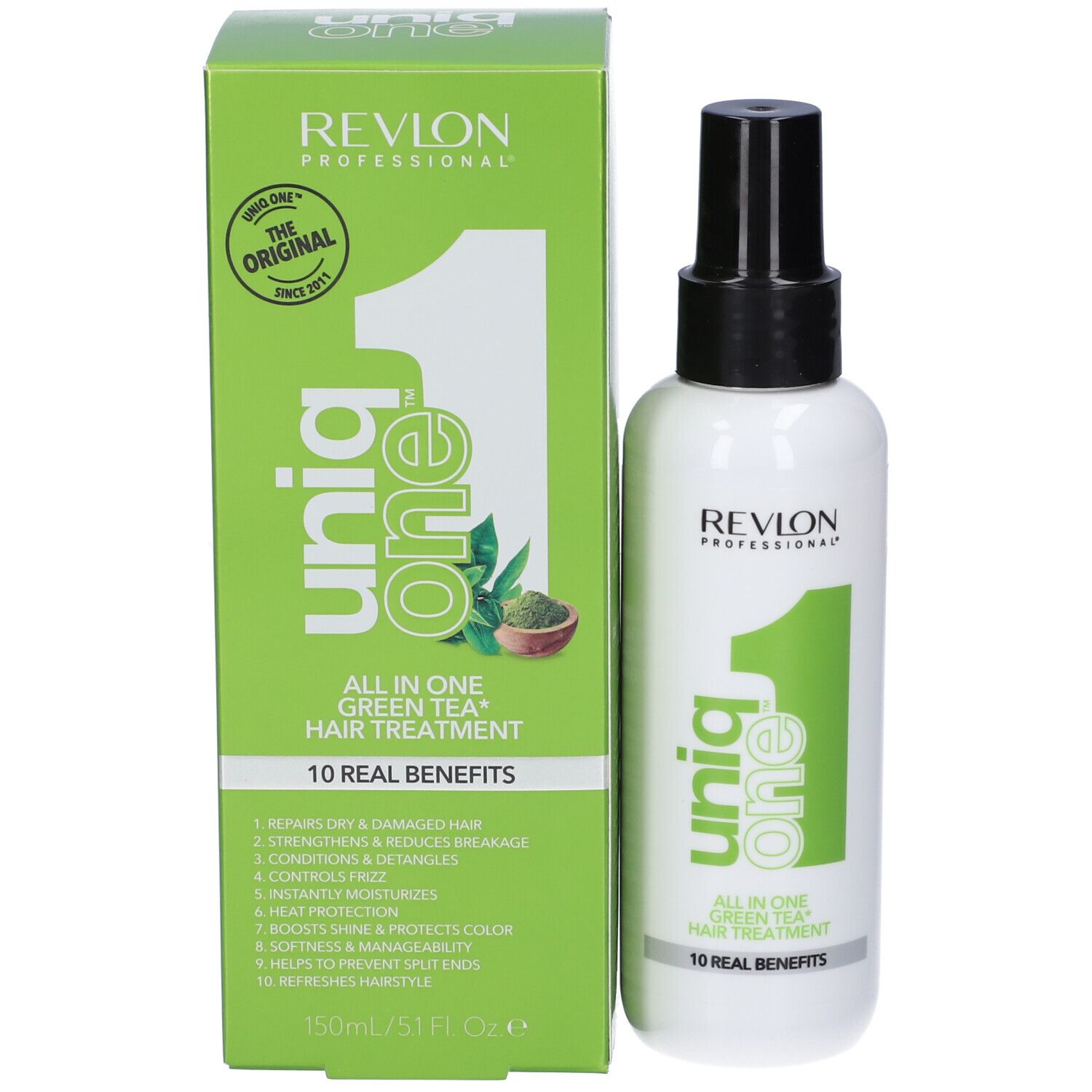 Confezione verde e spray per capelli. Scritta: Uniq One, All in One Green Tea Hair Treatment. Revlon Professional. Con logo.