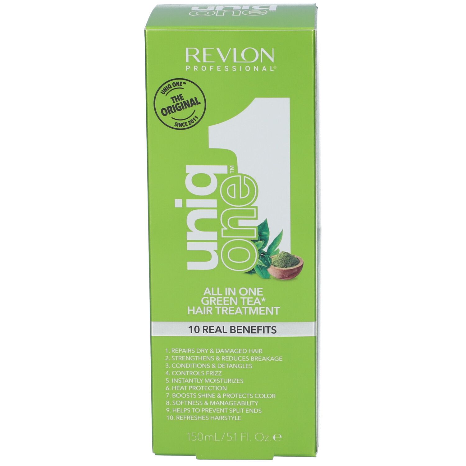 Confezione verde. Scritta: Uniq One, All in One Green Tea Hair Treatment. Revlon Professional. Con logo.