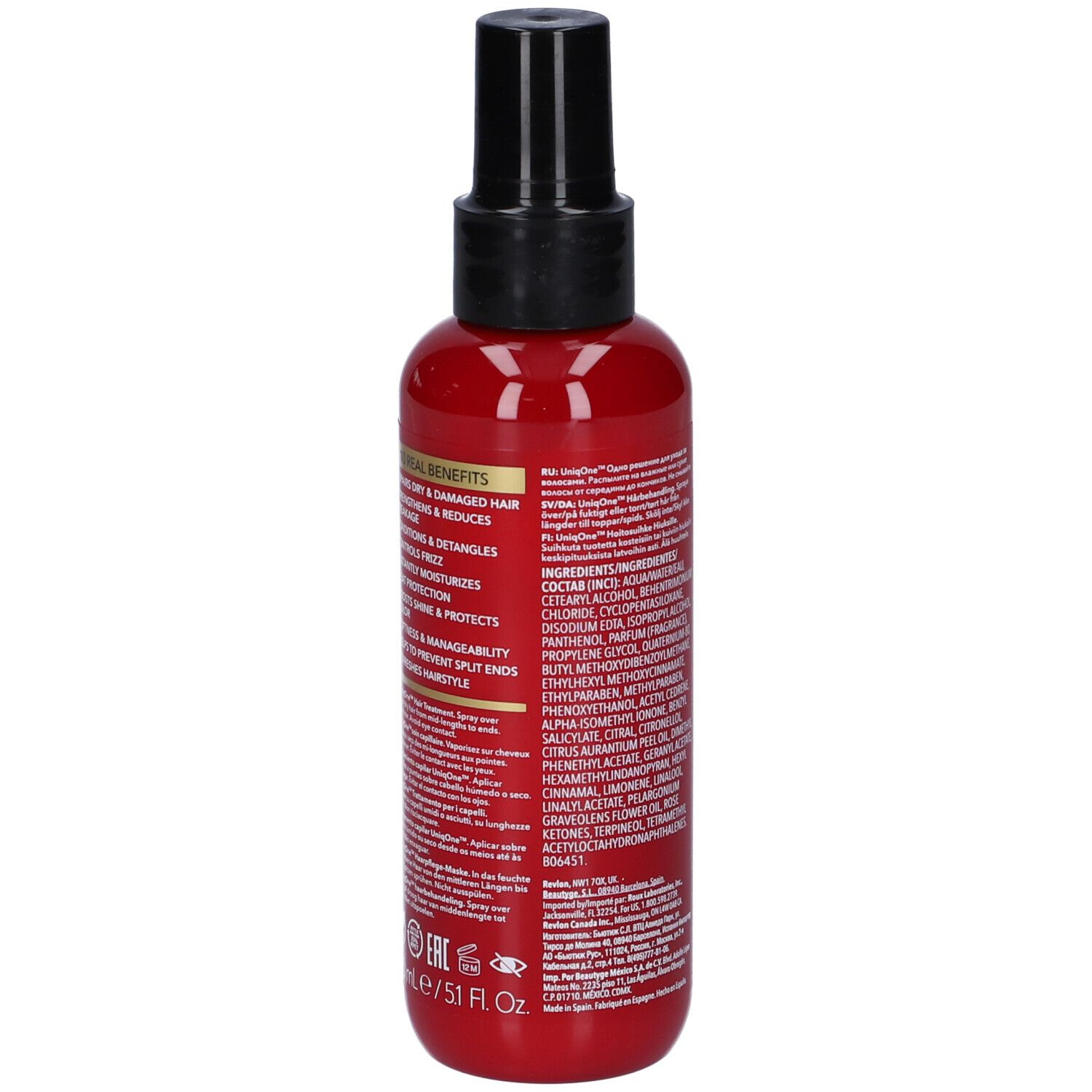 Flacone rosso con erogatore nero. Retro con testo e ingredienti. Design calcio.