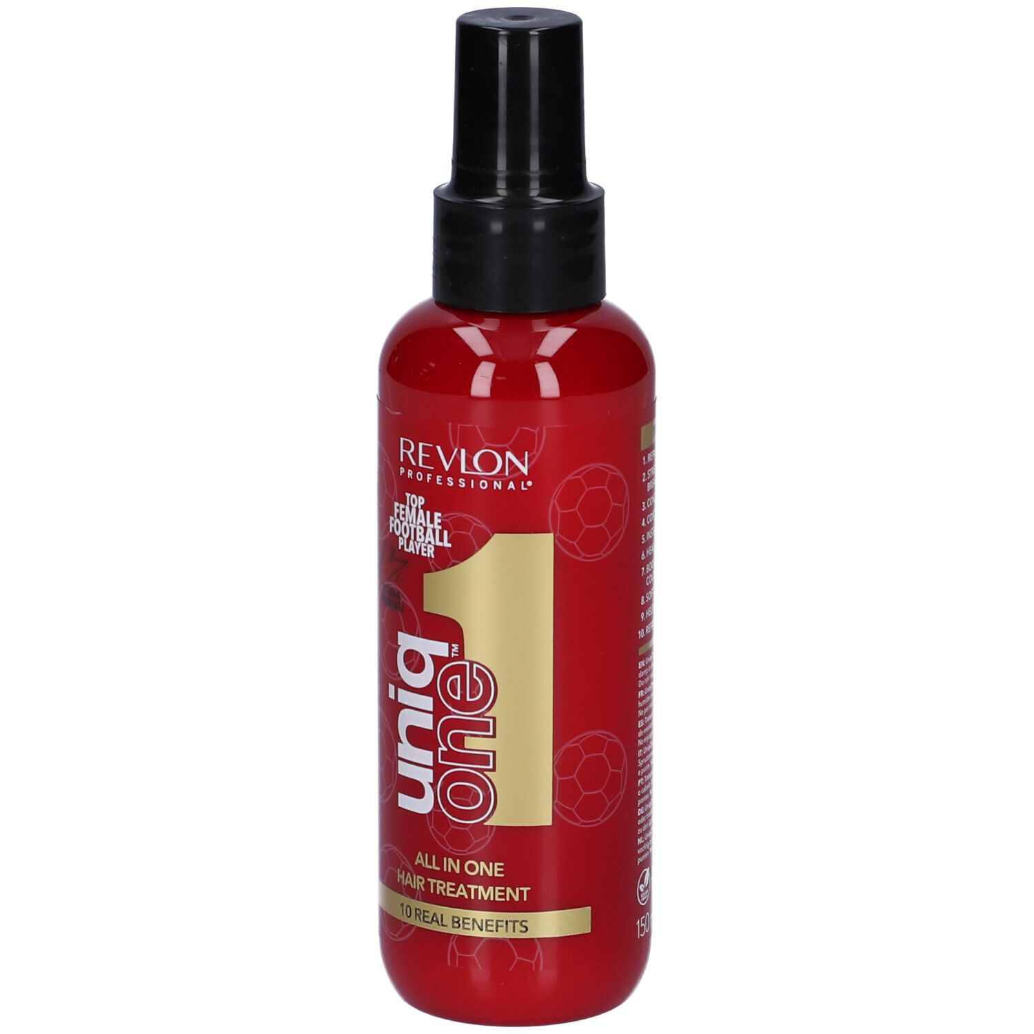 Flacone rosso con erogatore nero. Scritta: Uniq One, All in One Hair Treatment. Design calcio.