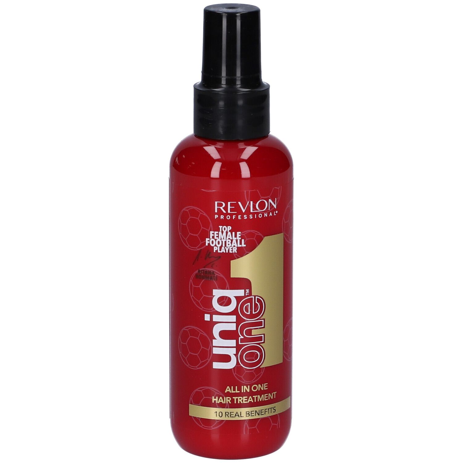 Flacone rosso con erogatore nero. Scritta: Uniq One, All in One Hair Treatment. Design calcio.