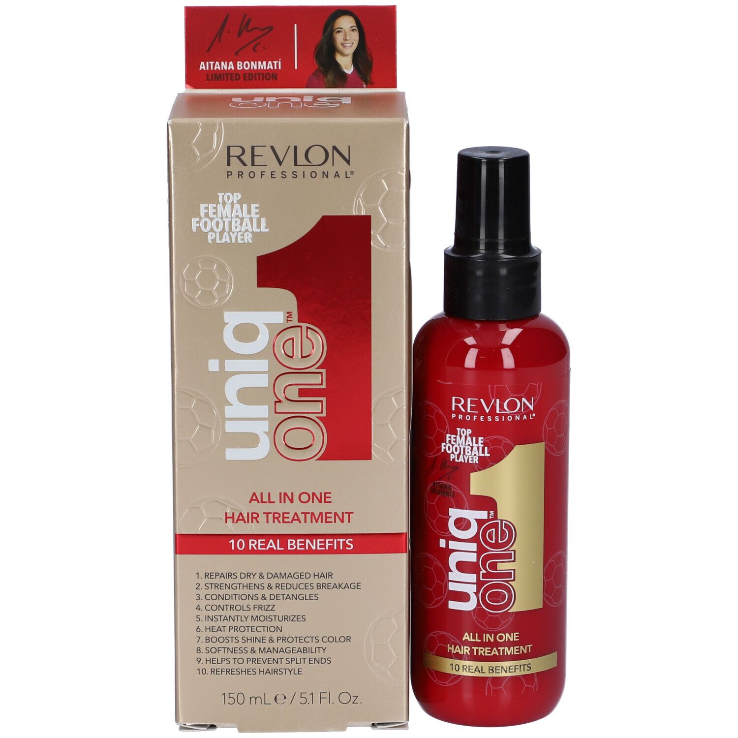 Confezione e flacone del prodotto. Confezione con scritta: Uniq One, All in One Hair Treatment. Design calcio.