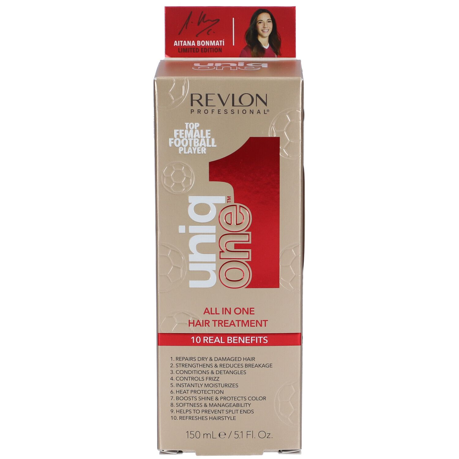 Confezione del prodotto. Scritta: Uniq One, All in One Hair Treatment. 10 benefici. Design calcio.