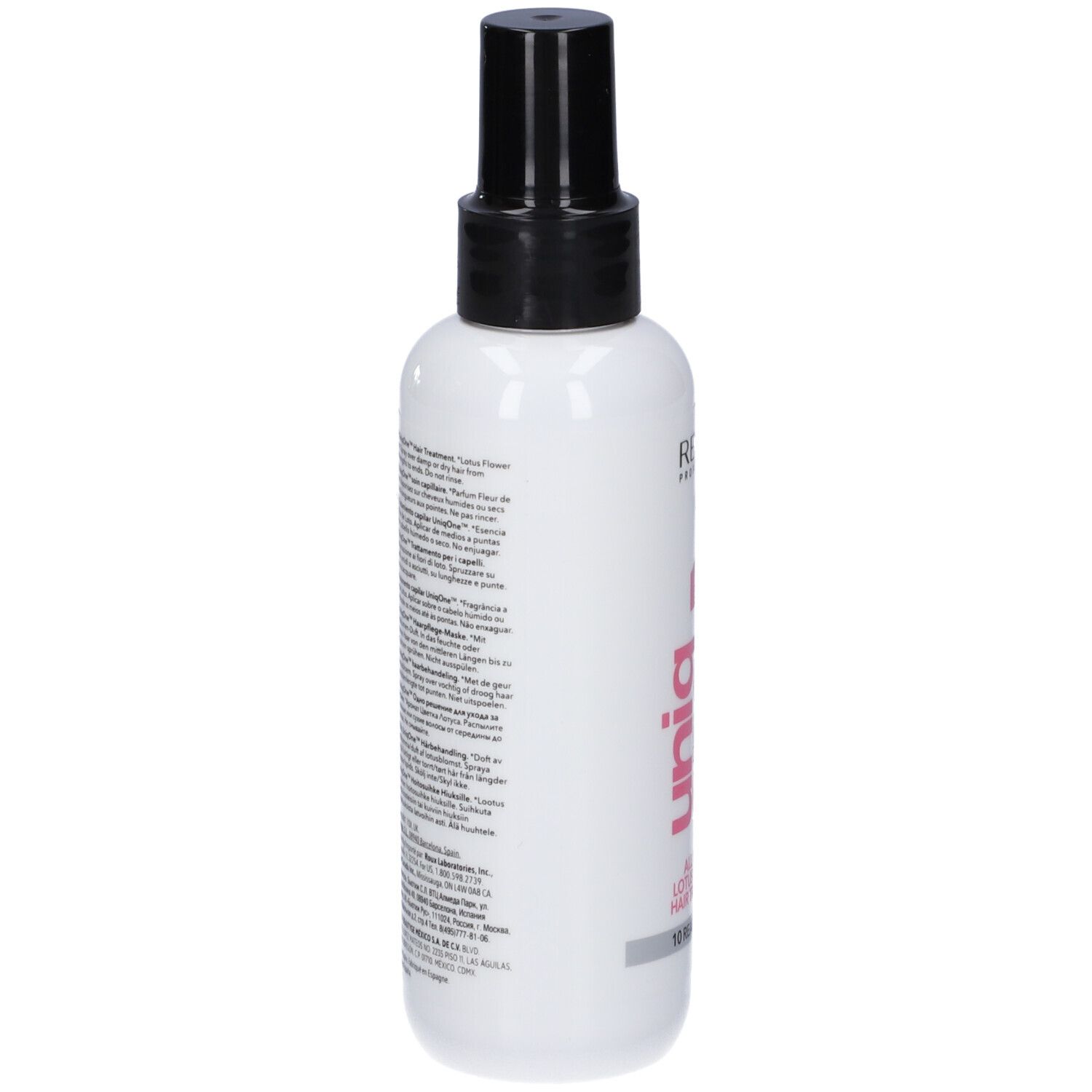 Prodotto per capelli bianco con vaporizzatore nero. Retro con testo multilingue. Revlon Professional, Uniq One.