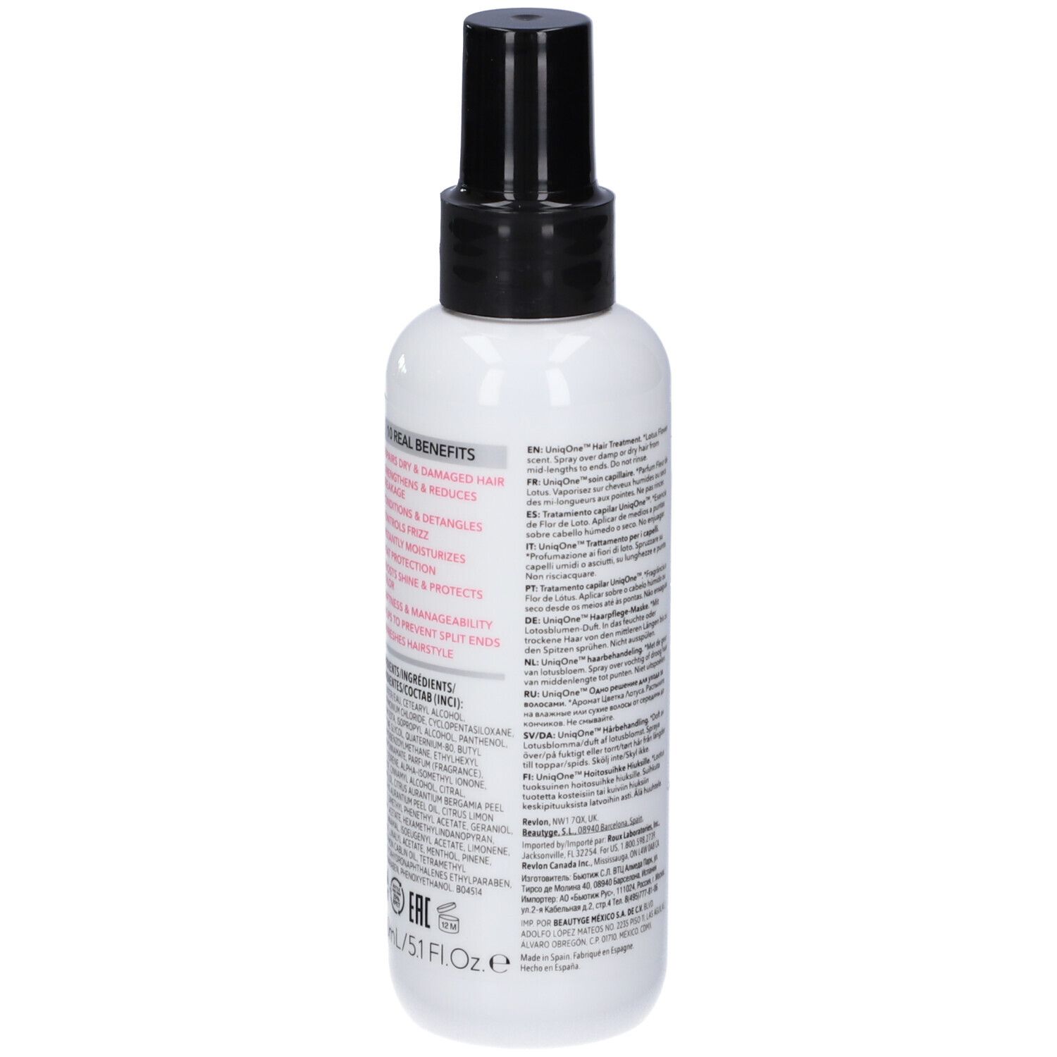Prodotto per capelli bianco con vaporizzatore nero. Retro con testo multilingue. Revlon Professional, Uniq One.