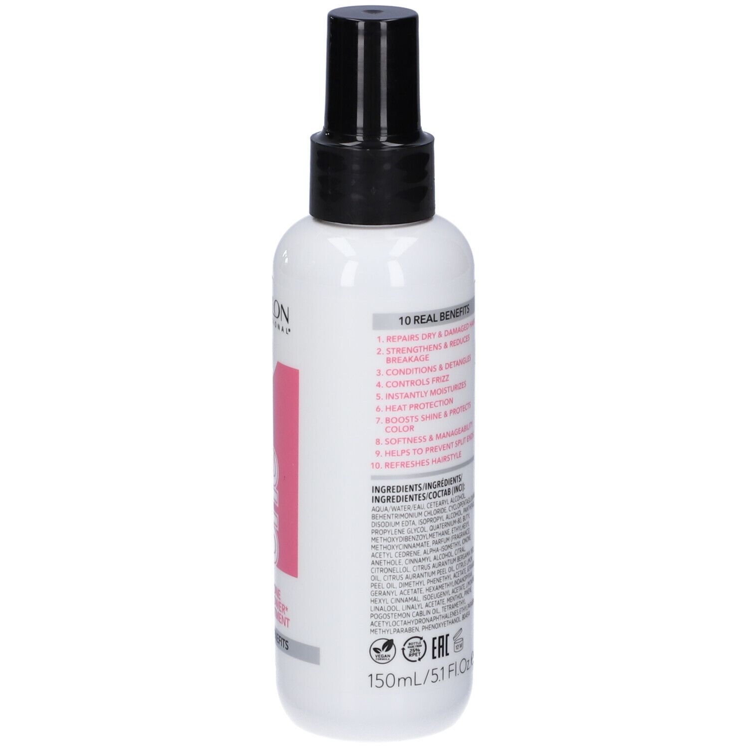Prodotto per capelli bianco con vaporizzatore nero. Retro con testo multilingue. Revlon Professional, Uniq One.