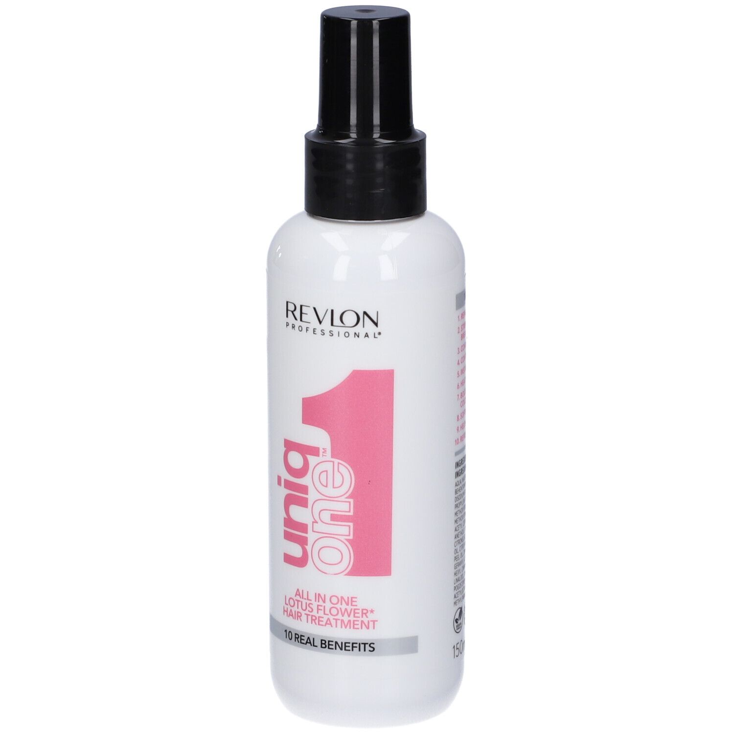 Prodotto per capelli bianco con vaporizzatore nero. Stampa rosa: Uniq One, Revlon Professional. Testo: All in One Lotus Flower Hair Treatment.