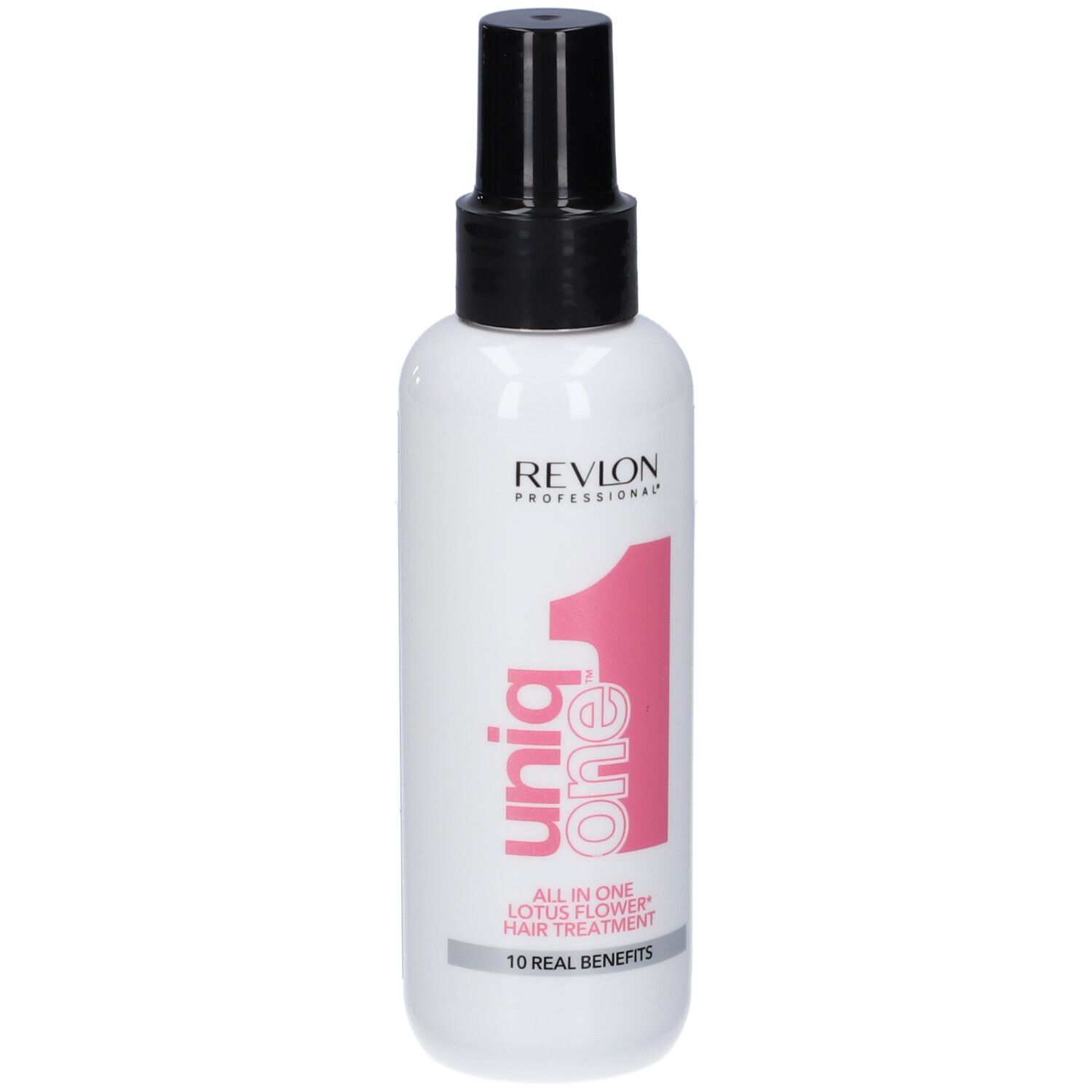 Prodotto per capelli bianco con vaporizzatore nero. Stampa rosa: Uniq One, Revlon Professional. Testo: All in One Lotus Flower Hair Treatment.