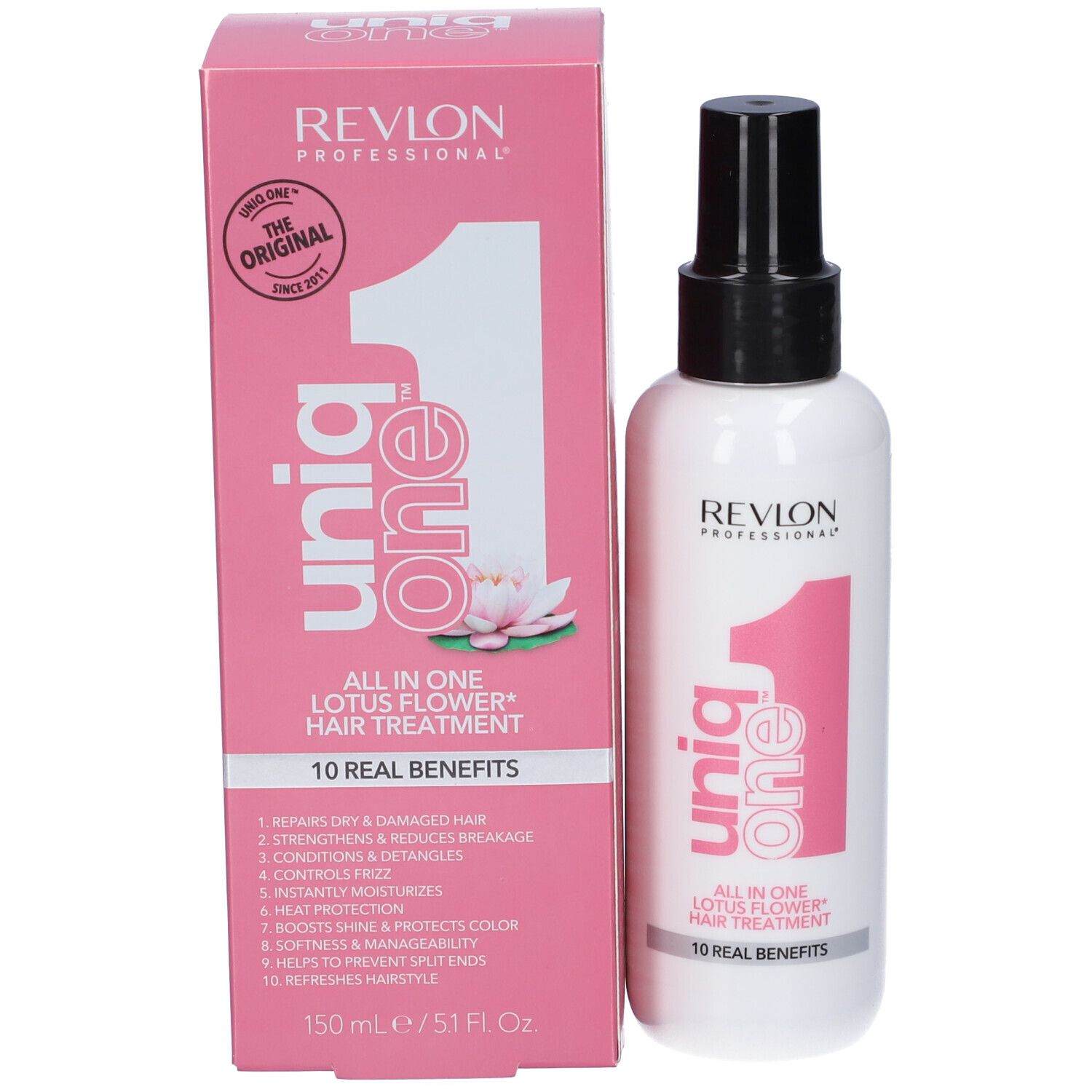 Confezione rosa e prodotto per capelli. Stampa: Uniq One, Revlon Professional. Testo: All in One Lotus Flower Hair Treatment. Prodotto e scatola.
