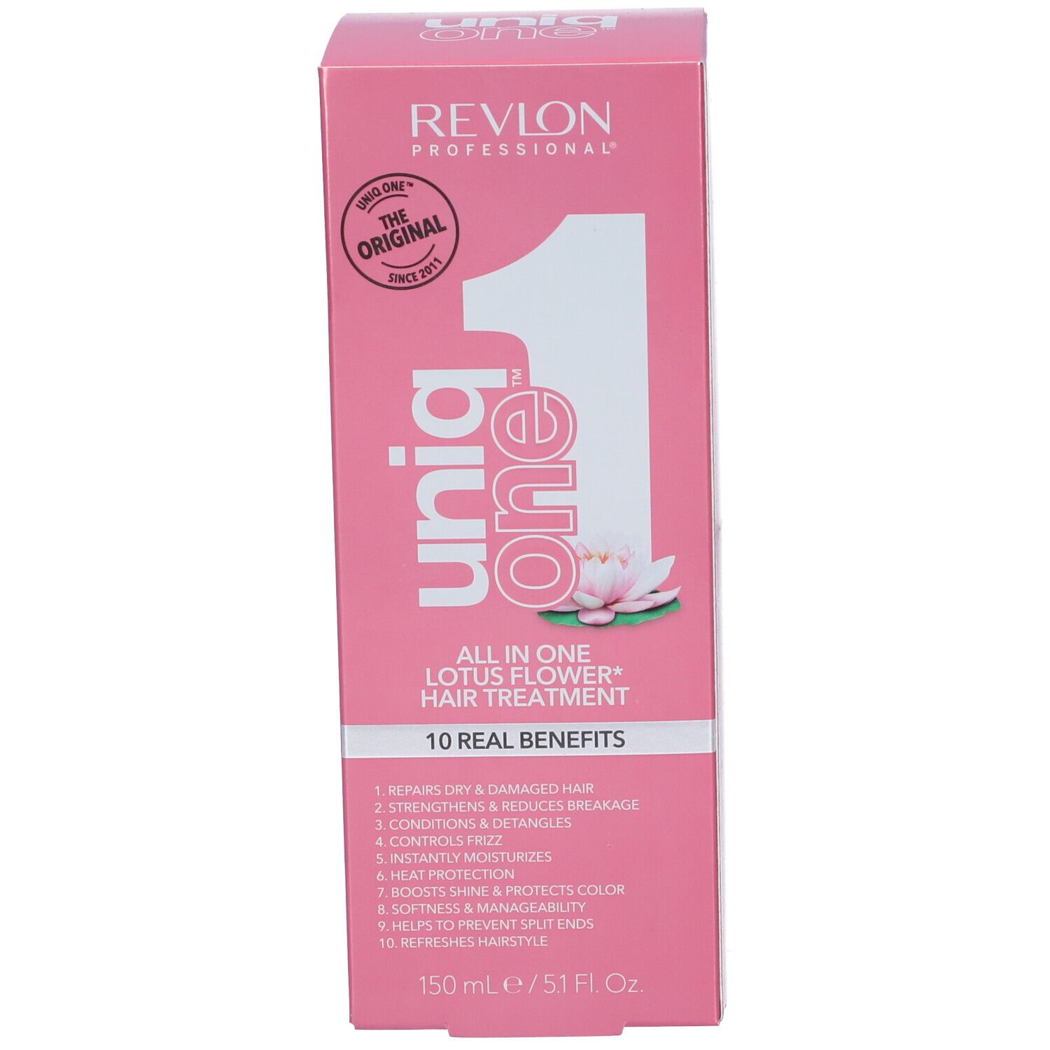 Confezione rosa. Stampa: Uniq One, Revlon Professional. Testo: All in One Lotus Flower Hair Treatment. Prodotto non visibile.
