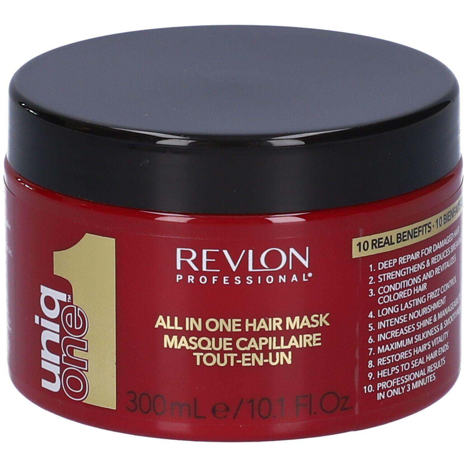 Barattolo rosso con coperchio nero. Scritta: Revlon Professional Uniq One All in One Hair Mask. 300ml/10.1 Fl.Oz. 10 benefici.