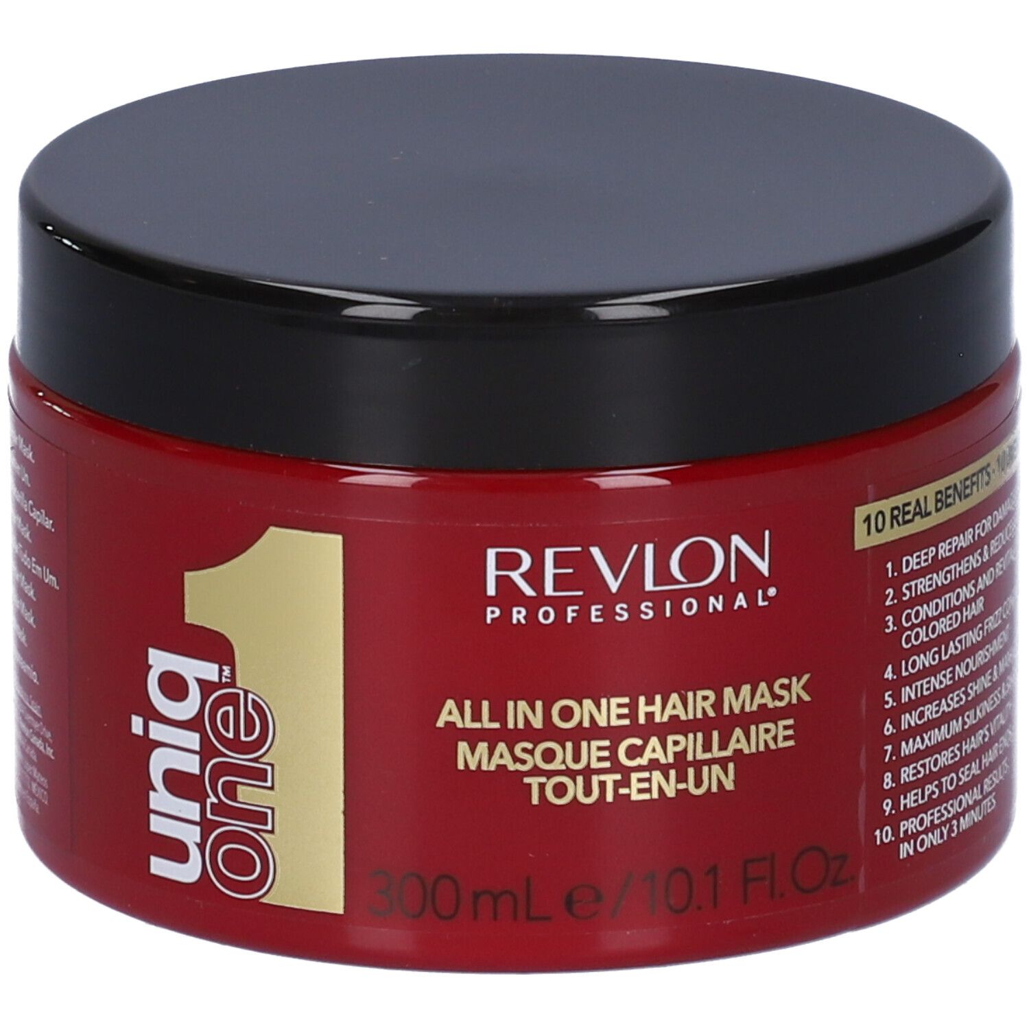 Barattolo rosso con coperchio nero. Scritta: Revlon Professional Uniq One All in One Hair Mask. 300ml/10.1 Fl.Oz. 10 benefici.