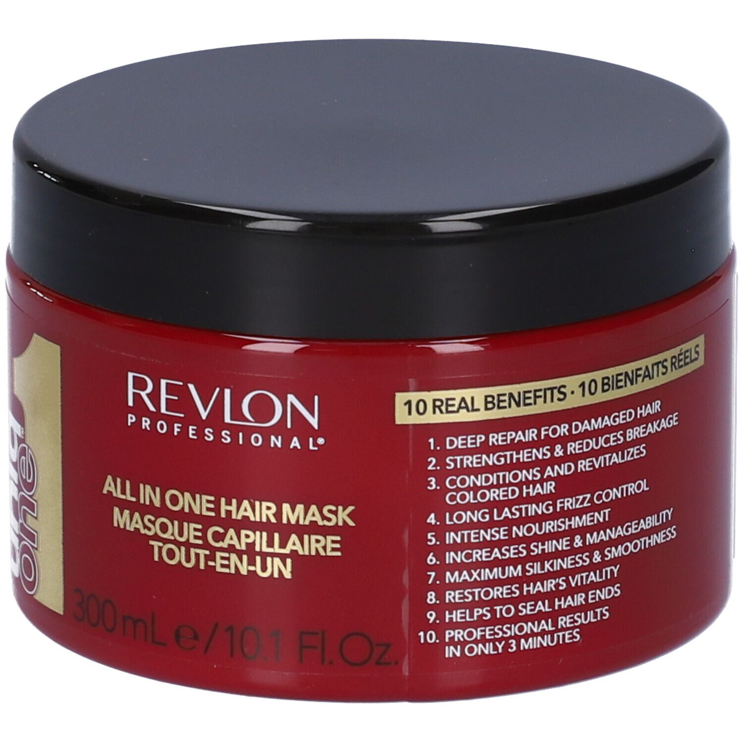 Barattolo rosso con coperchio nero. Scritta: Revlon Professional Uniq One All in One Hair Mask. 300ml/10.1 Fl.Oz. 10 benefici.