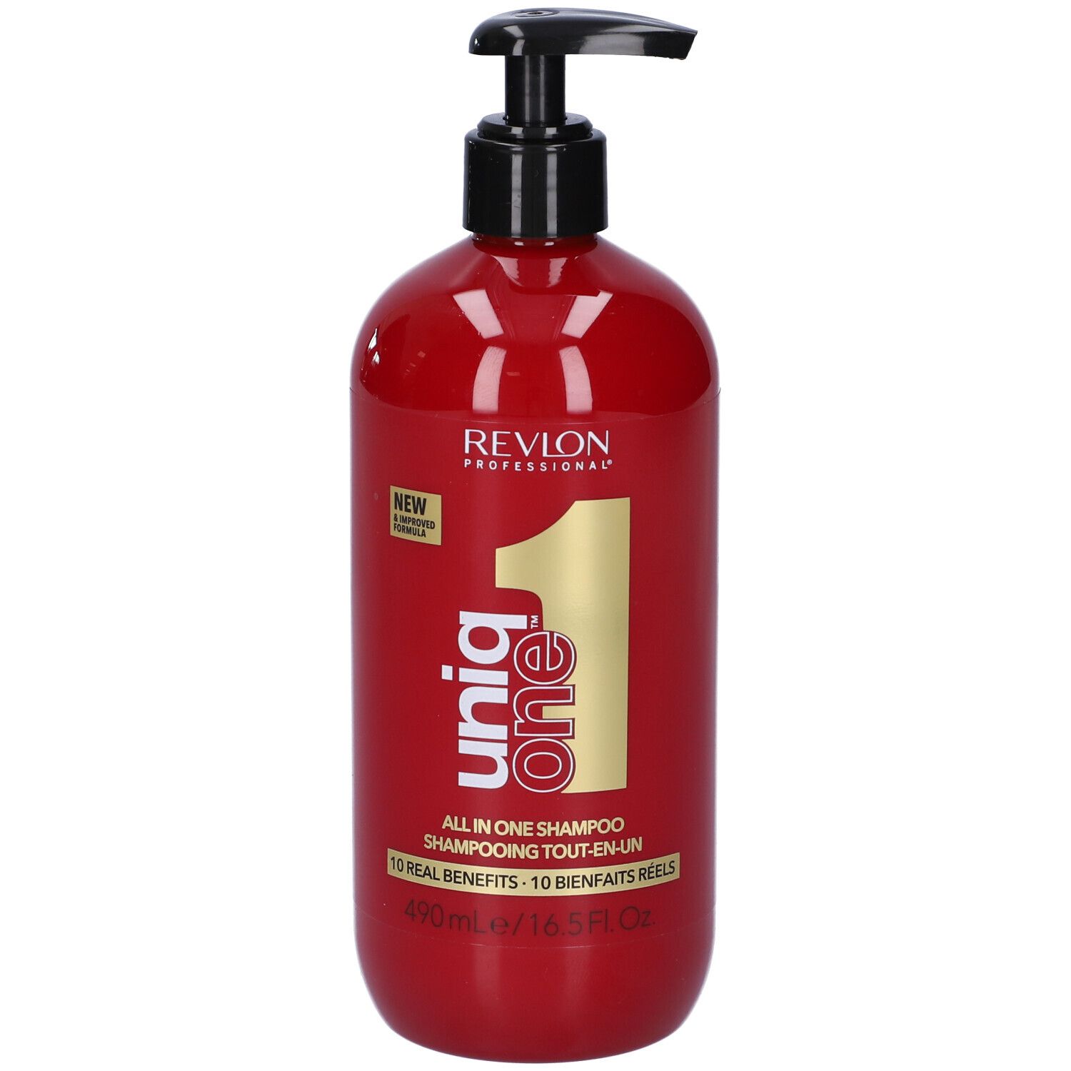Flacone di shampoo rosso con dosatore nero. Scritta: Revlon, Uniq One, All in One Shampoo. 490ml/16.5 fl.oz.