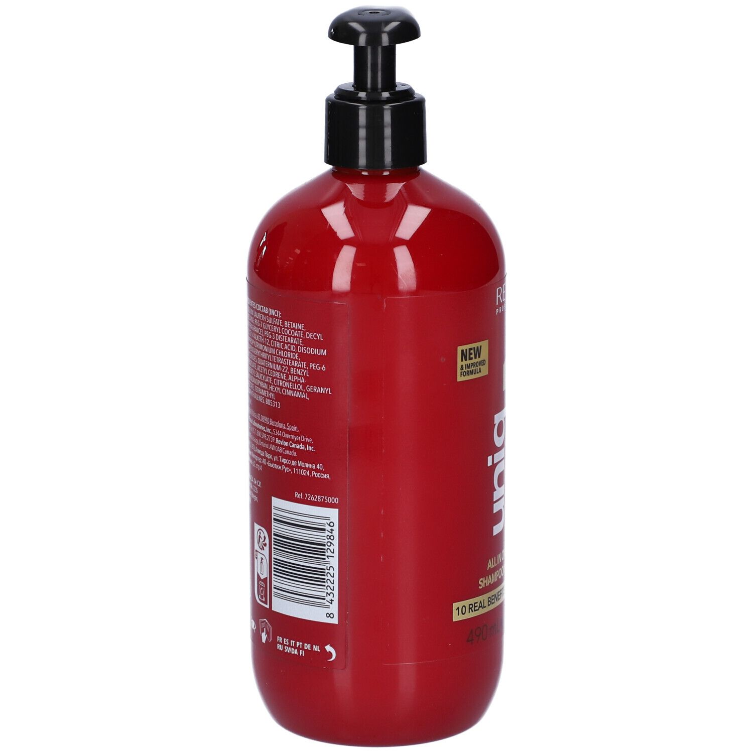 Retro flacone shampoo rosso con testo e codice a barre. Contiene ingredienti e informazioni produttore. Dosatore nero.