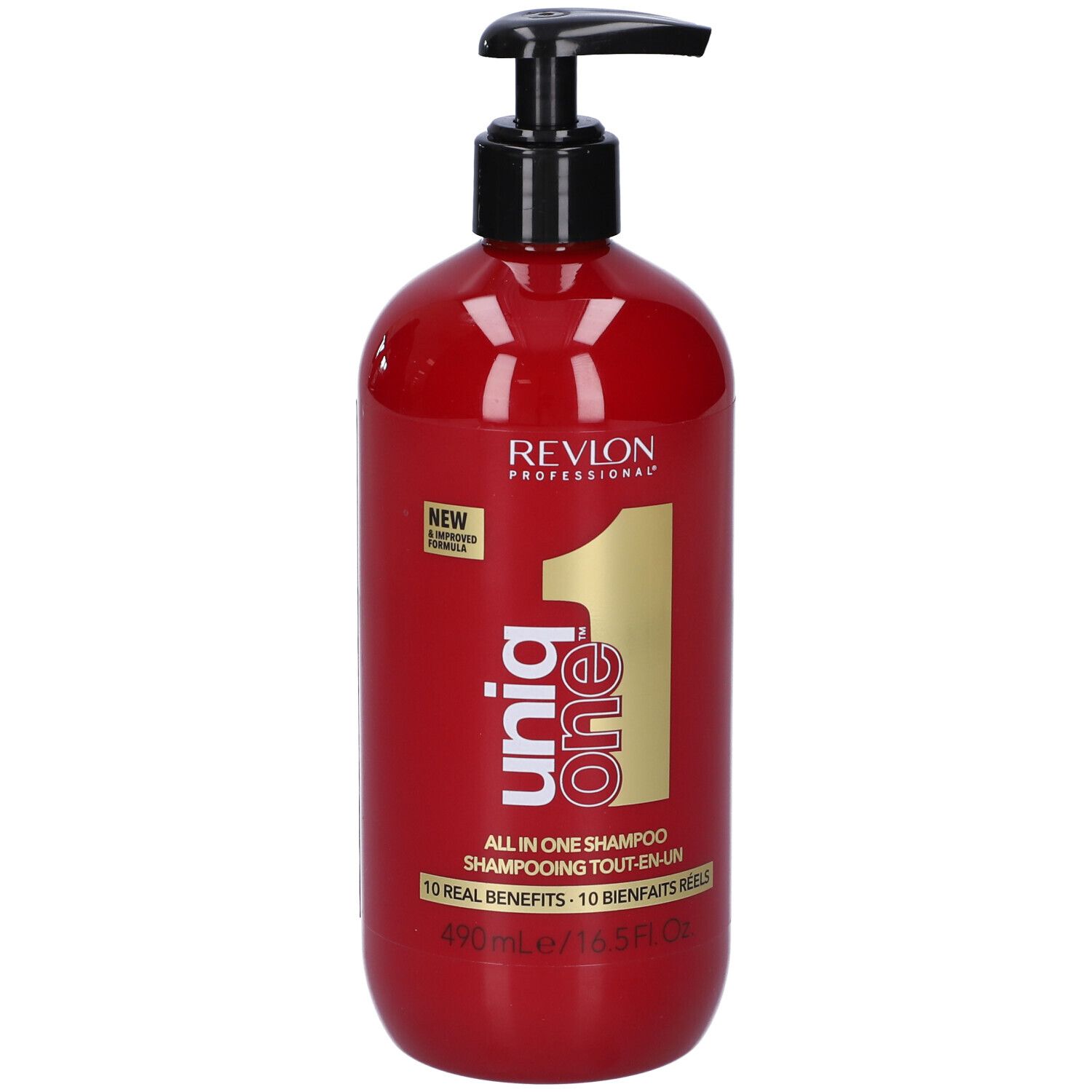 Flacone di shampoo rosso con dosatore nero. Scritta: Revlon, Uniq One, All in One Shampoo. 490ml/16.5 fl.oz.