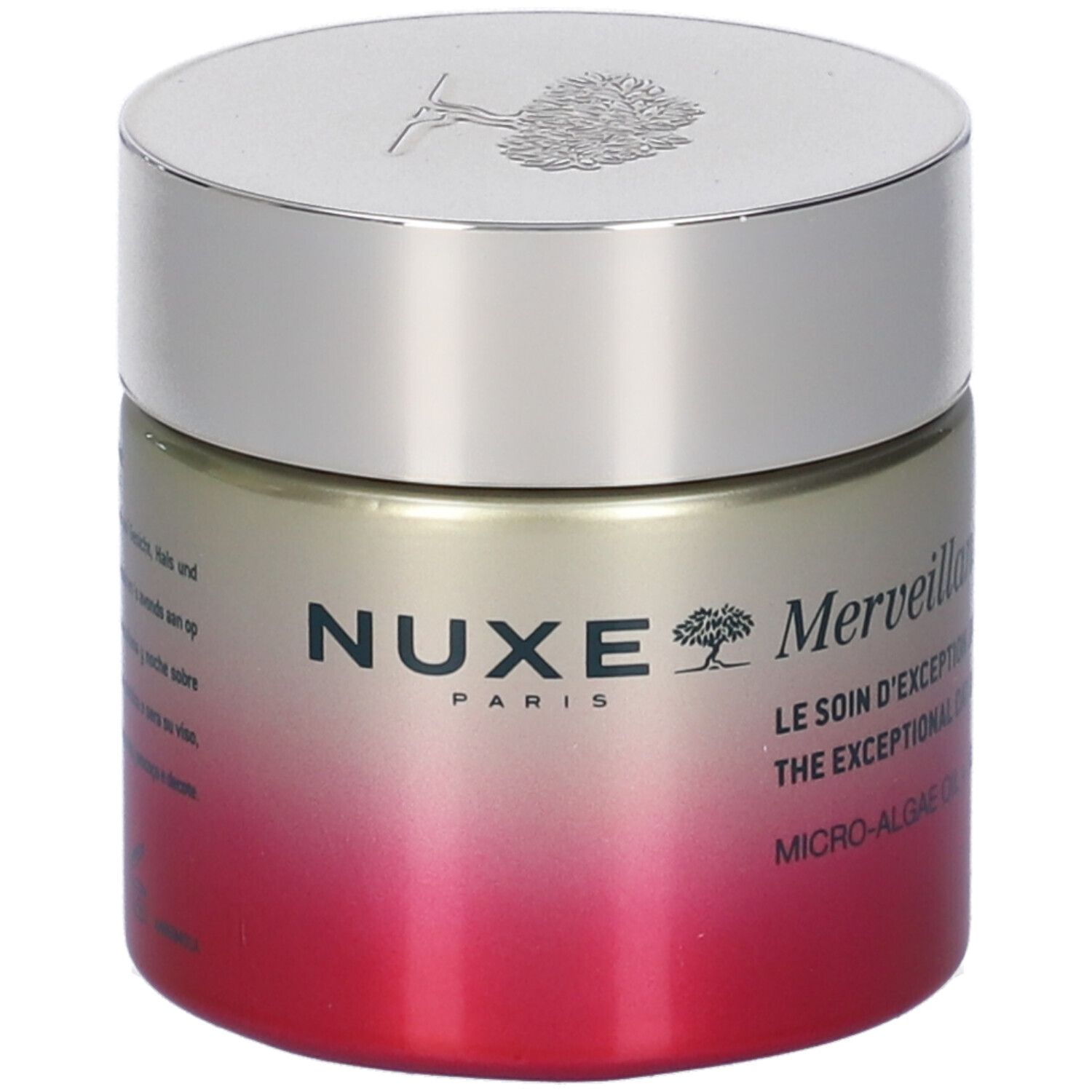 Vaso di crema con coperchio argentato. Scritta: Nuxe Merveillance Lift. Etichetta rosa e bianca.