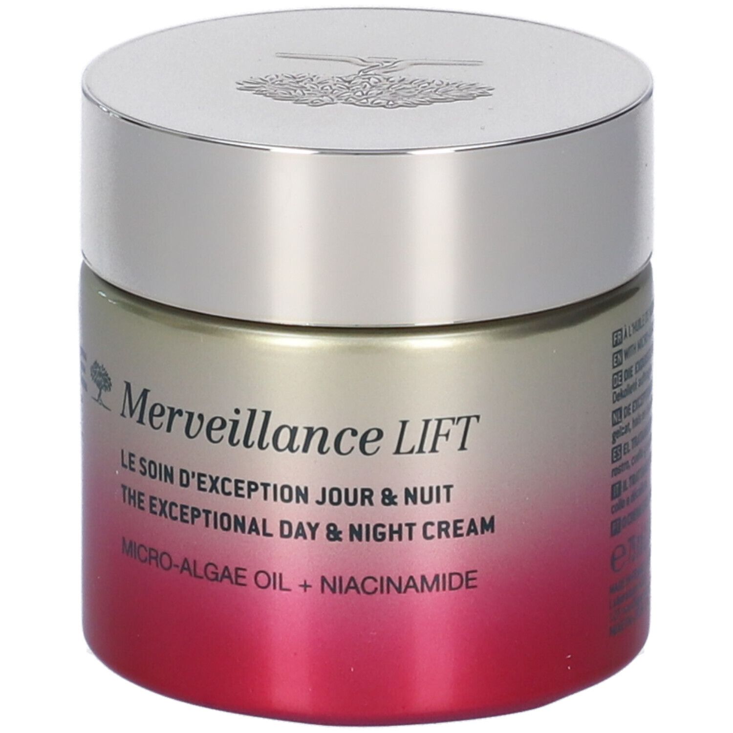 Vaso di crema con coperchio argentato. Scritta: Nuxe Merveillance Lift. Etichetta rosa e bianca.