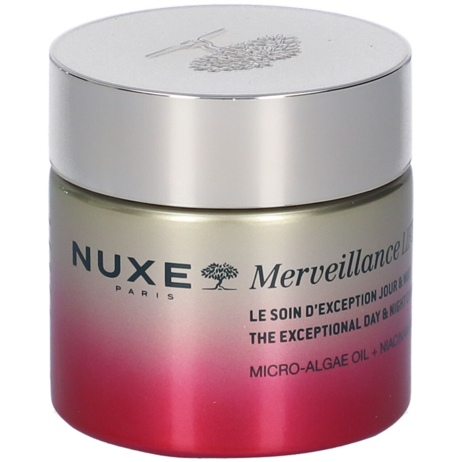 Vaso di crema con coperchio argentato. Scritta: Nuxe Merveillance Lift. Etichetta rosa e bianca.