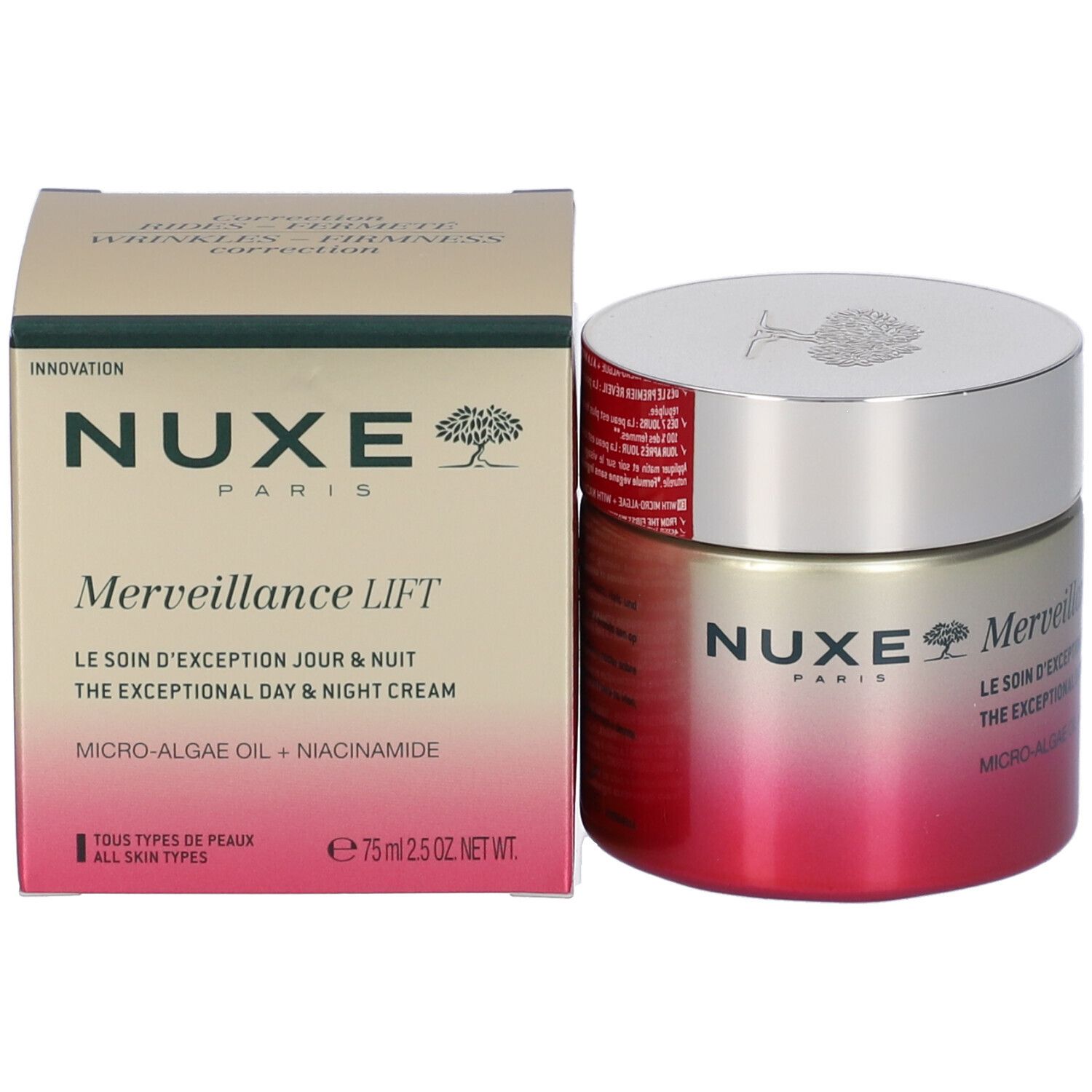 Vaso di crema e confezione. Scritta: Nuxe Merveillance Lift. Design rosa e bianco.