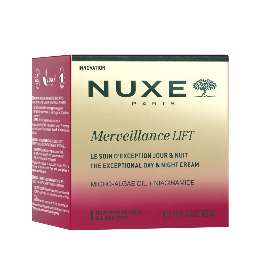 Confezione con scritta: Nuxe Merveillance Lift. Design rosa e bianco. Logo vegano.