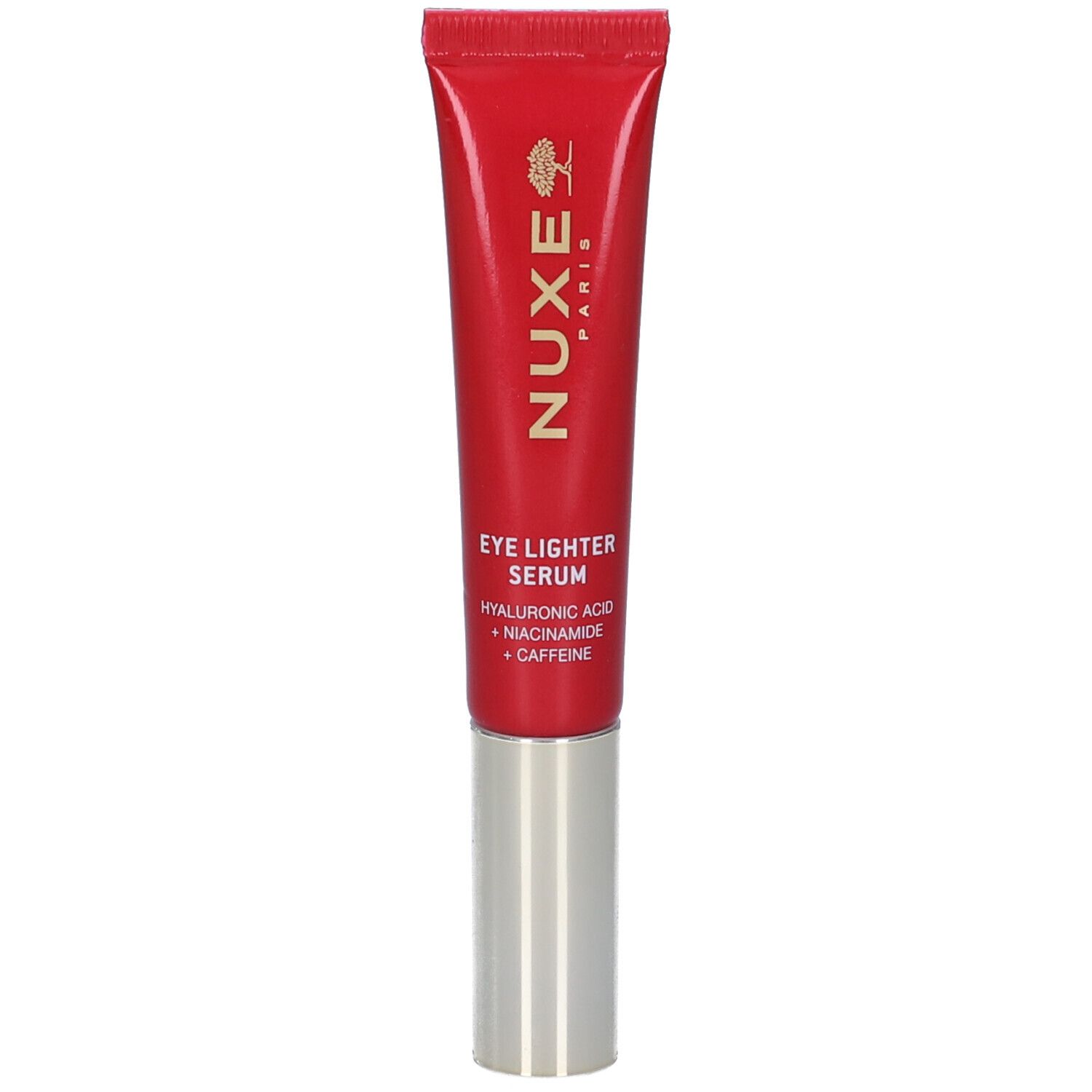 Tubo rosso con tappo argentato. Scritta: Nuxe Paris, Eye Lighter Serum. Contiene acido ialuronico, niacinamide, caffeina.