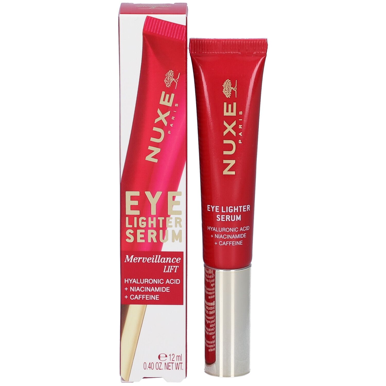 Tubo e confezione. Scritta: Eye Lighter Serum, Merveillance Lift. Contiene acido ialuronico, niacinamide, caffeina. 12 ml.