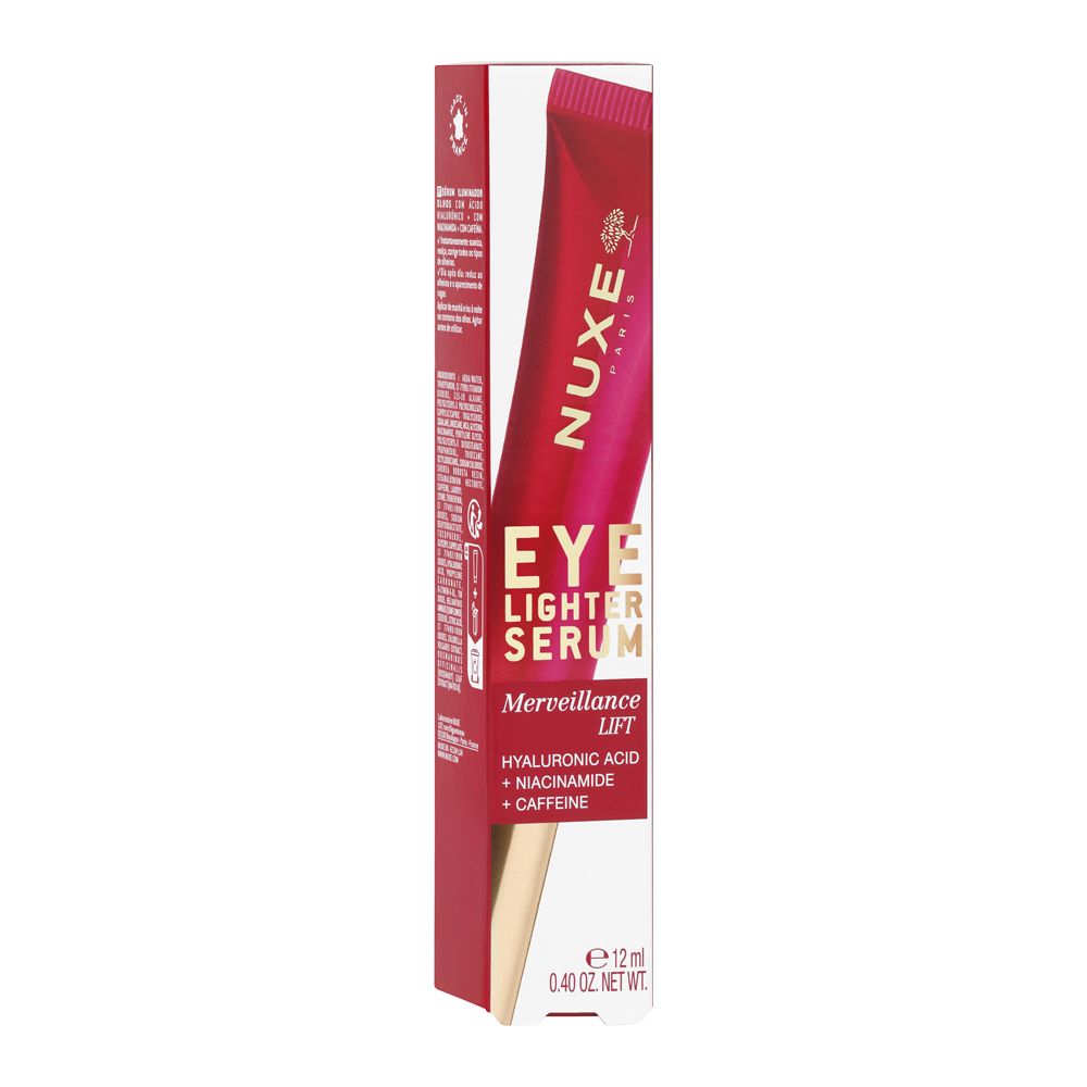 Confezione con tubo. Scritta: Eye Lighter Serum, Merveillance Lift. Contiene acido ialuronico, niacinamide, caffeina. 12 ml.