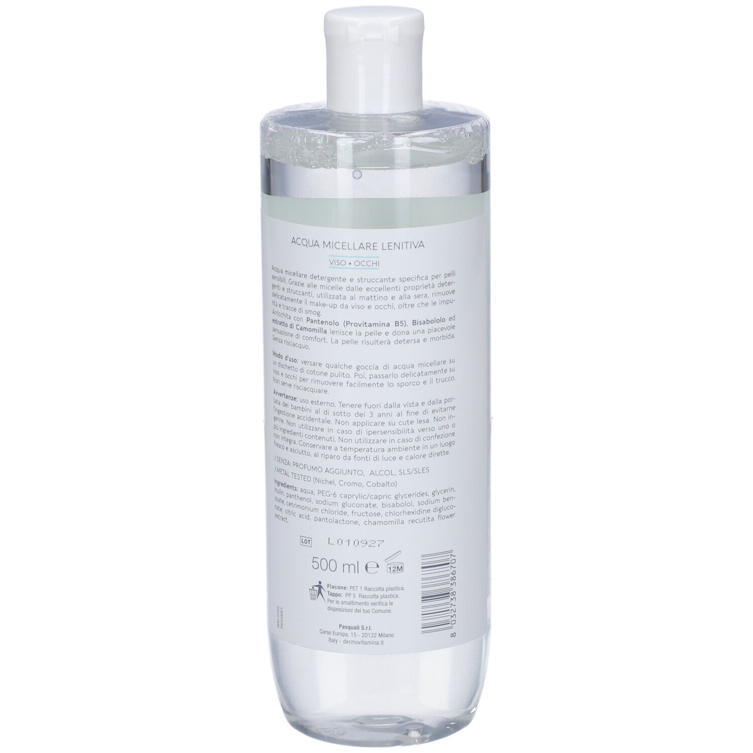 Vista posteriore di un flacone cilindrico. Etichetta con testo e ingredienti. Liquido trasparente. 500 ml.