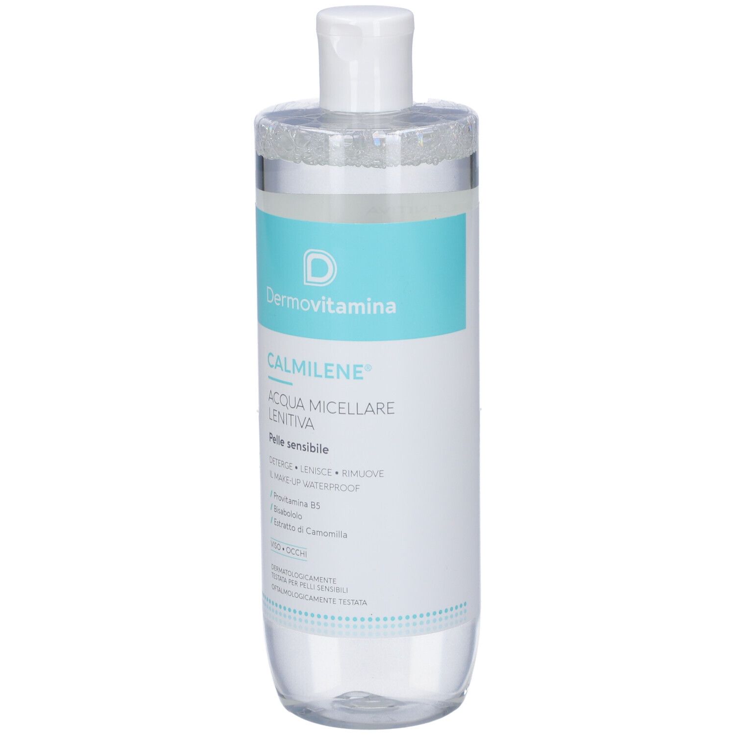 Flacone cilindrico con tappo bianco. Etichetta turchese e bianca con nome e logo. Liquido trasparente visibile.